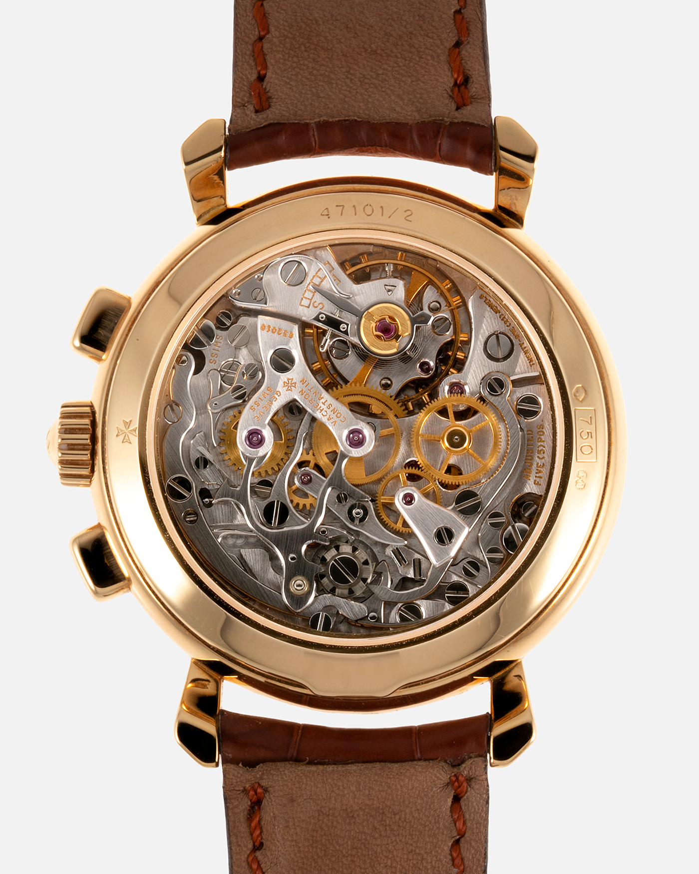 Brand: Vacheron Constantin Year: 2000’s Model: Les Historiques Chronograph Reference Number: 47101 Material: 18-carat Yellow Gold Movement: Lemania 2320 Based Cal. 1141 Case Diameter: 37mm Bracelet: Vacheron Constantin Alligator Brown Leather Strap with Signed 18-carat Yellow Gold Tang Buckle