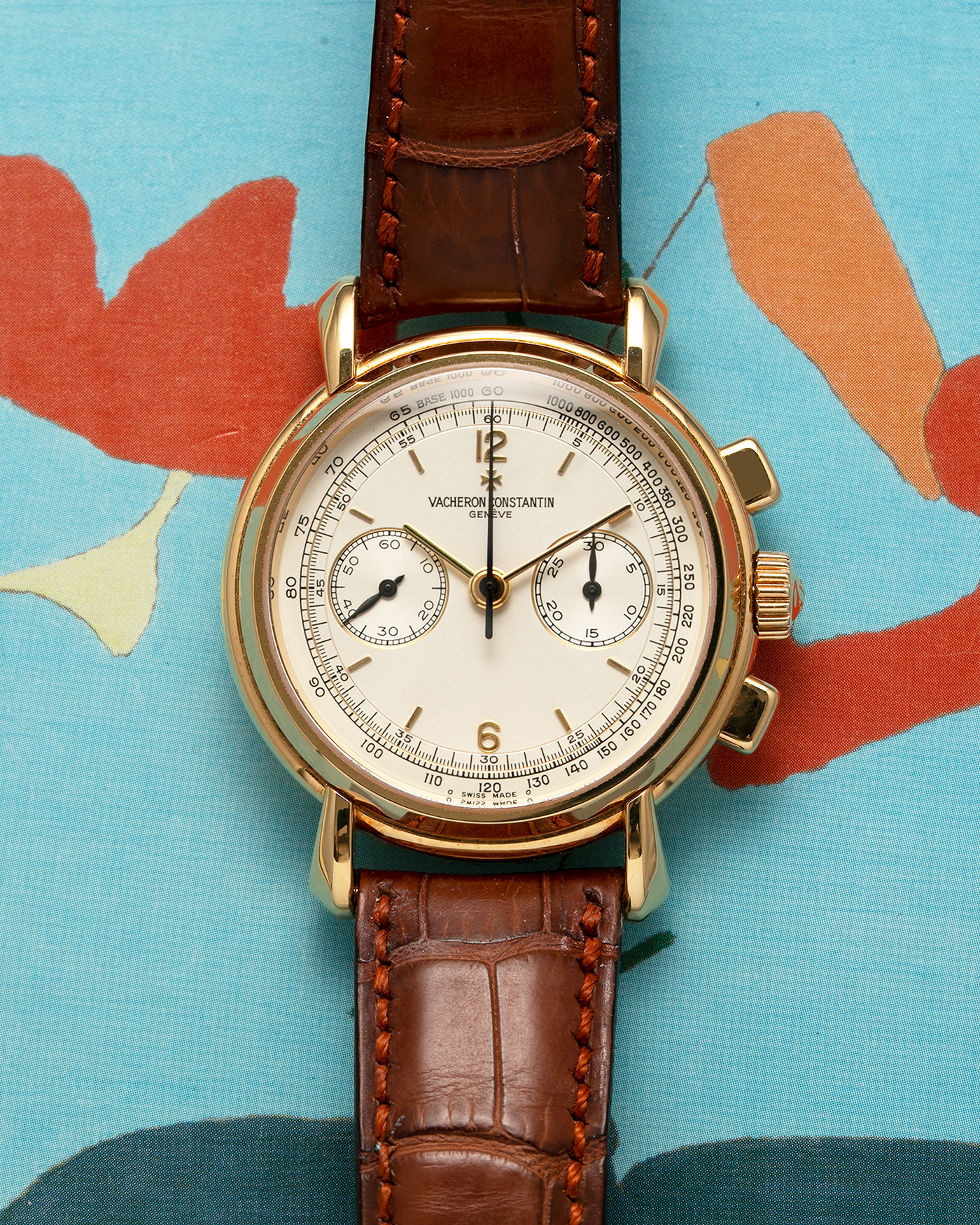 Brand: Vacheron Constantin Year: 2000’s Model: Les Historiques Chronograph Reference Number: 47101 Material: 18-carat Yellow Gold Movement: Lemania 2320 Based Cal. 1141 Case Diameter: 37mm Bracelet: Vacheron Constantin Alligator Brown Leather Strap with Signed 18-carat Yellow Gold Tang Buckle