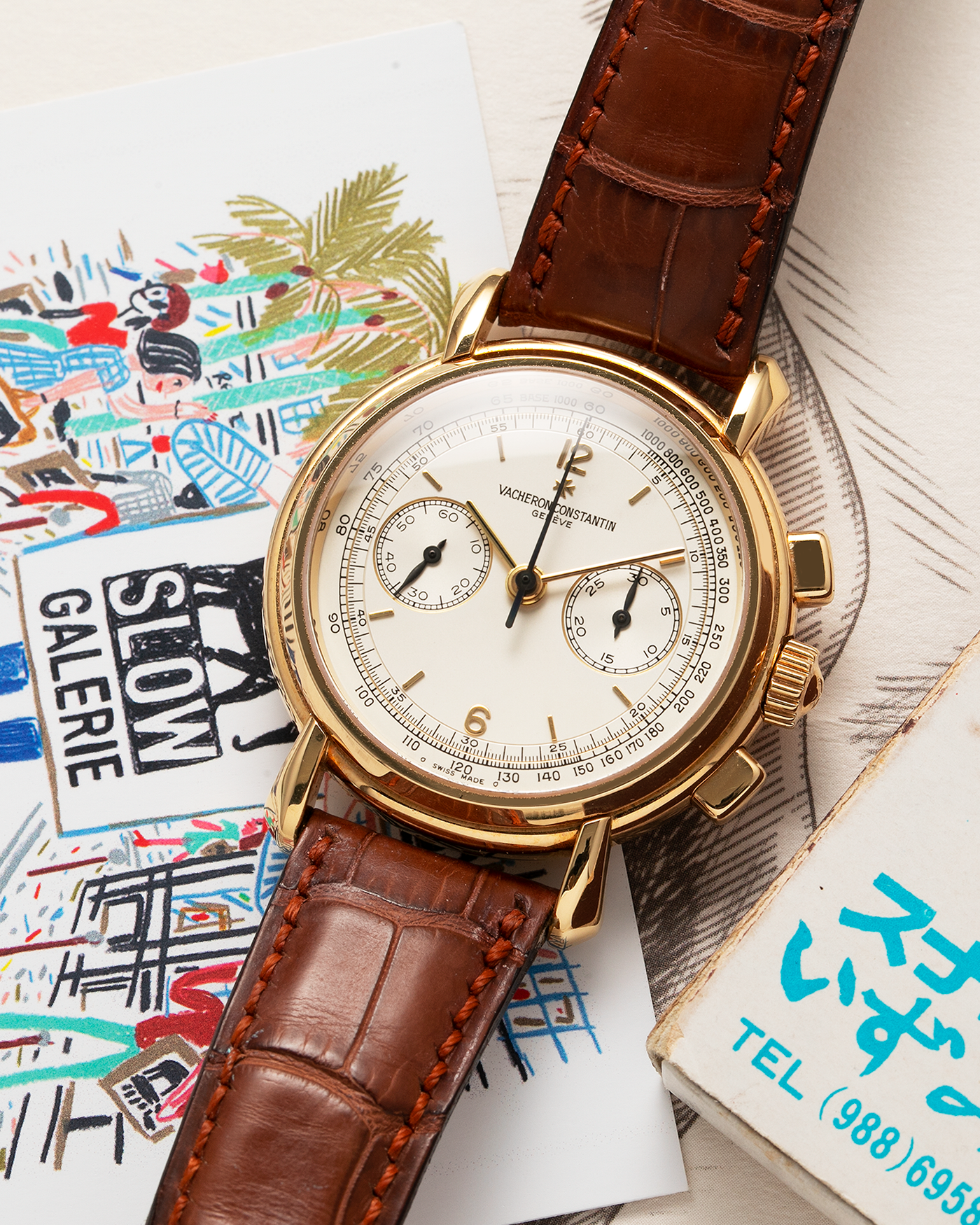 Brand: Vacheron Constantin Year: 2000’s Model: Les Historiques Chronograph Reference Number: 47101 Material: 18-carat Yellow Gold Movement: Lemania 2320 Based Cal. 1141 Case Diameter: 37mm Bracelet: Vacheron Constantin Alligator Brown Leather Strap with Signed 18-carat Yellow Gold Tang Buckle