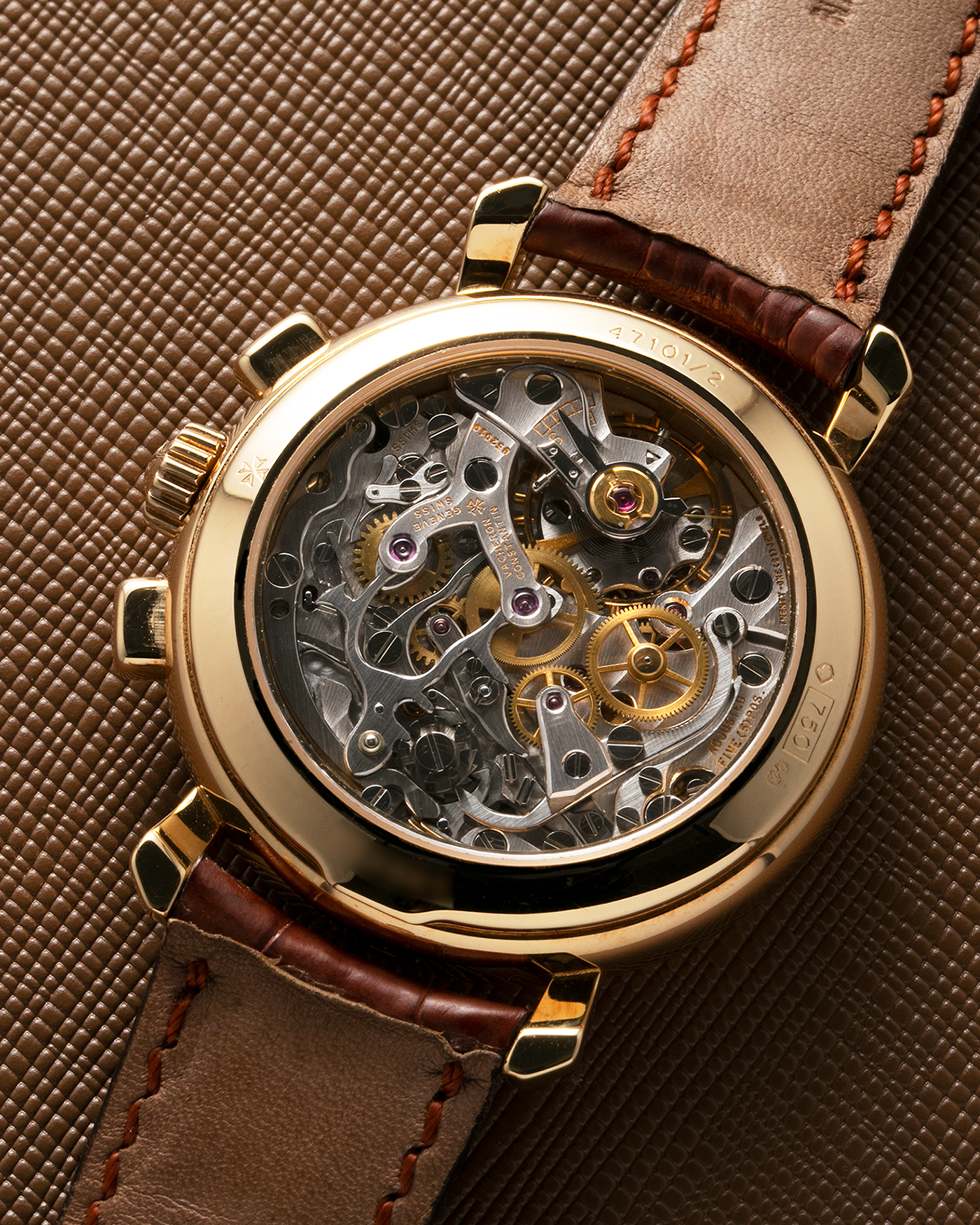 Brand: Vacheron Constantin Year: 2000’s Model: Les Historiques Chronograph Reference Number: 47101 Material: 18-carat Yellow Gold Movement: Lemania 2320 Based Cal. 1141 Case Diameter: 37mm Bracelet: Vacheron Constantin Alligator Brown Leather Strap with Signed 18-carat Yellow Gold Tang Buckle
