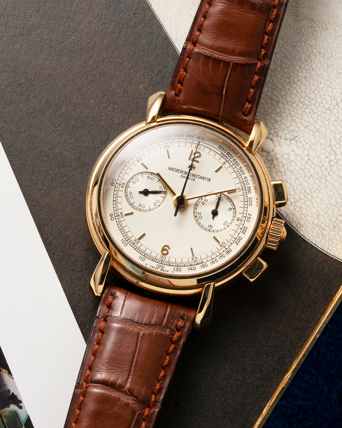 Brand: Vacheron Constantin Year: 2000’s Model: Les Historiques Chronograph Reference Number: 47101 Material: 18-carat Yellow Gold Movement: Lemania 2320 Based Cal. 1141 Case Diameter: 37mm Bracelet: Vacheron Constantin Alligator Brown Leather Strap with Signed 18-carat Yellow Gold Tang Buckle