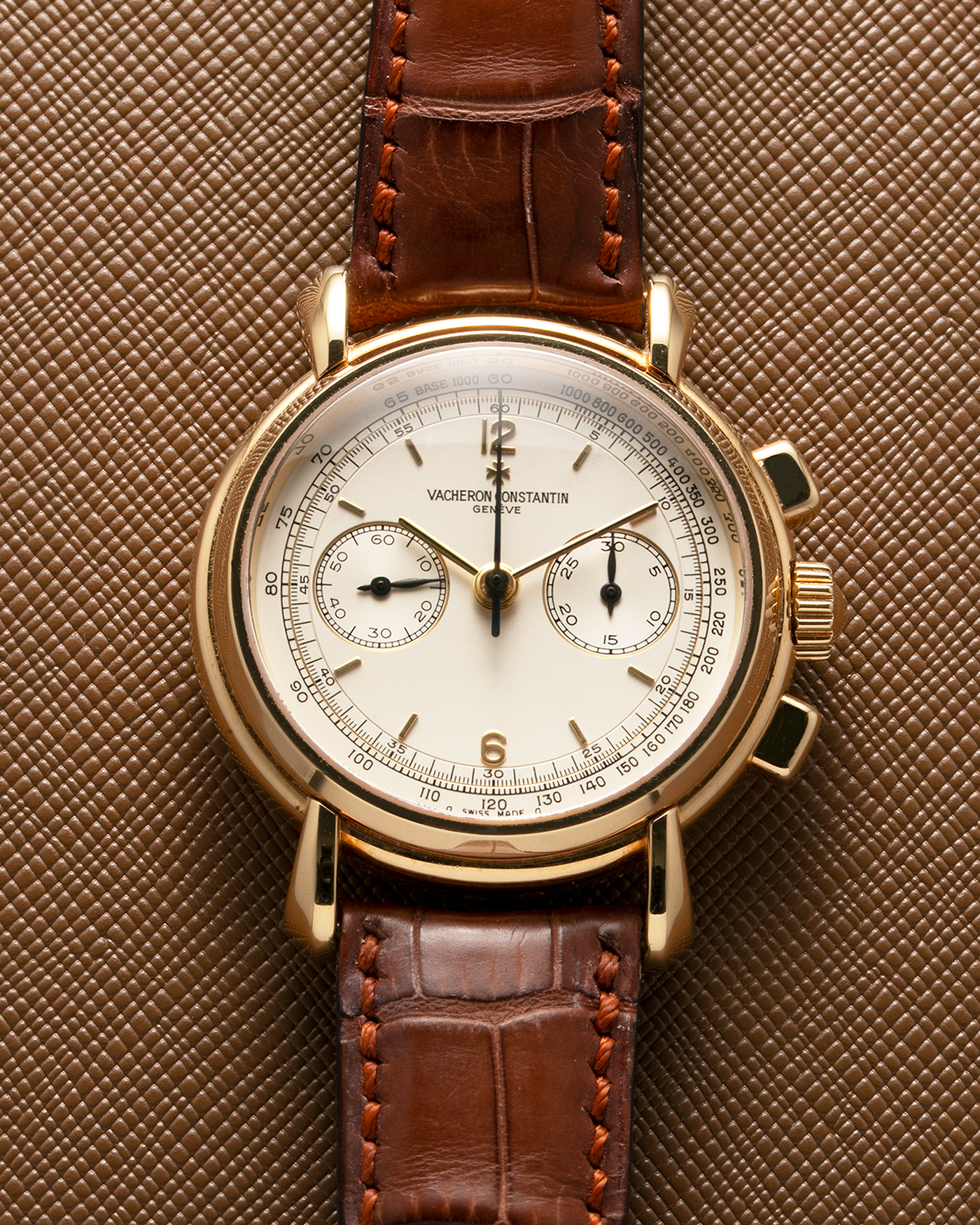 Brand: Vacheron Constantin Year: 2000’s Model: Les Historiques Chronograph Reference Number: 47101 Material: 18-carat Yellow Gold Movement: Lemania 2320 Based Cal. 1141 Case Diameter: 37mm Bracelet: Vacheron Constantin Alligator Brown Leather Strap with Signed 18-carat Yellow Gold Tang Buckle