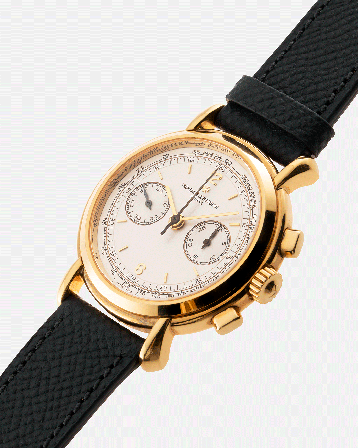 Brand: Vacheron Constantin Year: 1990’s Model: Les Historiques Chronograph Reference Number: 47101 Material: 18k Yellow Gold Movement: Lemania 2320 Based Cal. 1141 Case Diameter: 37mm Bracelet: Molequin Anthracite Textured Calf with 18k Yellow Gold Tang Buckle