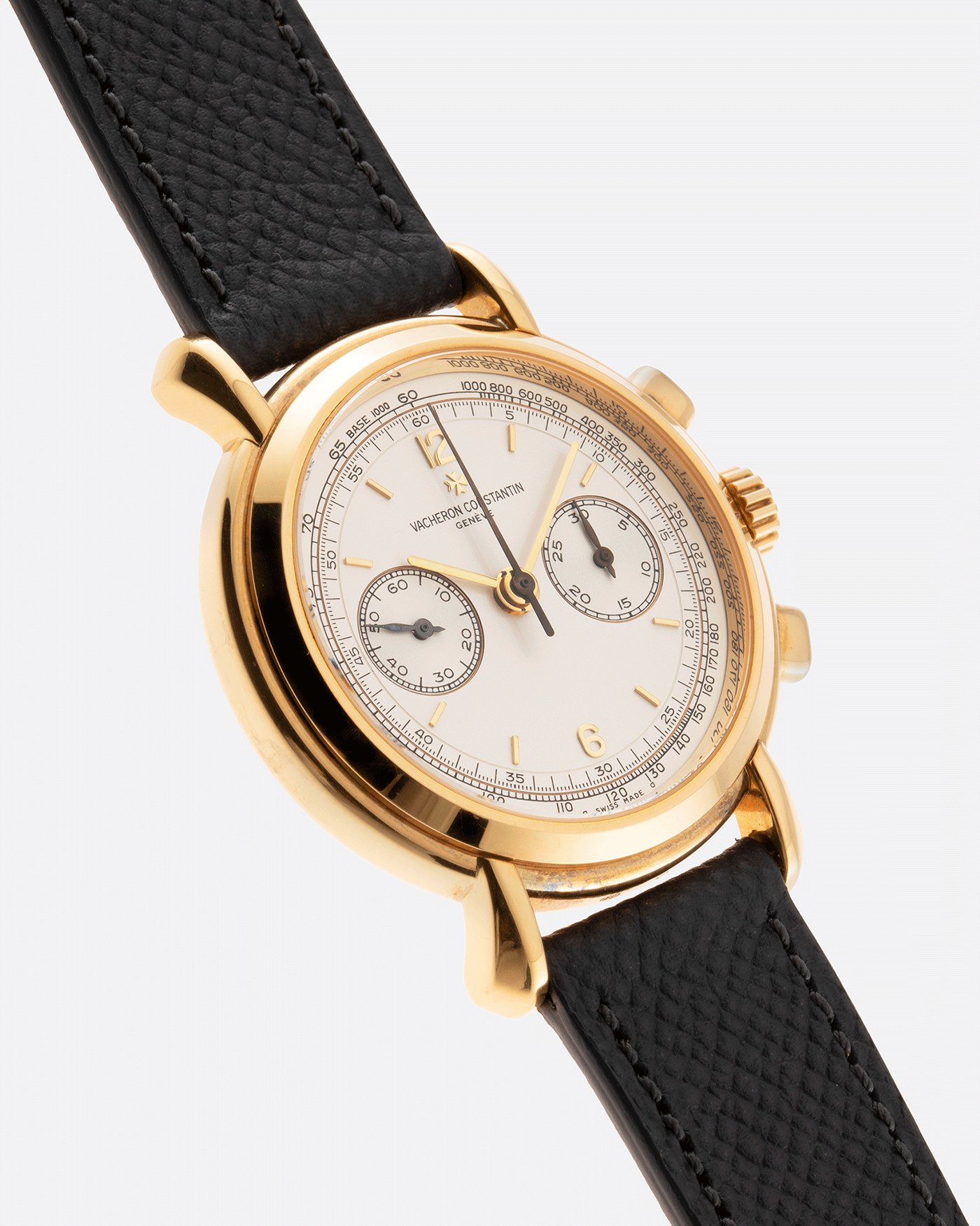 Brand: Vacheron Constantin Year: 1990’s Model: Les Historiques Chronograph Reference Number: 47101 Material: 18k Yellow Gold Movement: Lemania 2320 Based Cal. 1141 Case Diameter: 37mm Bracelet: Molequin Anthracite Textured Calf with 18k Yellow Gold Tang Buckle