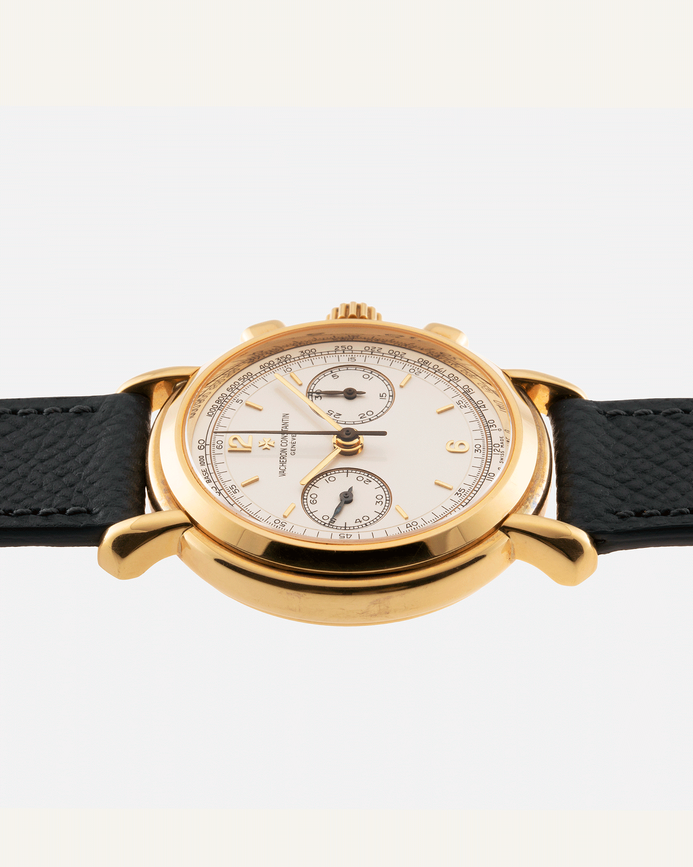 Brand: Vacheron Constantin Year: 1990’s Model: Les Historiques Chronograph Reference Number: 47101 Material: 18k Yellow Gold Movement: Lemania 2320 Based Cal. 1141 Case Diameter: 37mm Bracelet: Molequin Anthracite Textured Calf with 18k Yellow Gold Tang Buckle