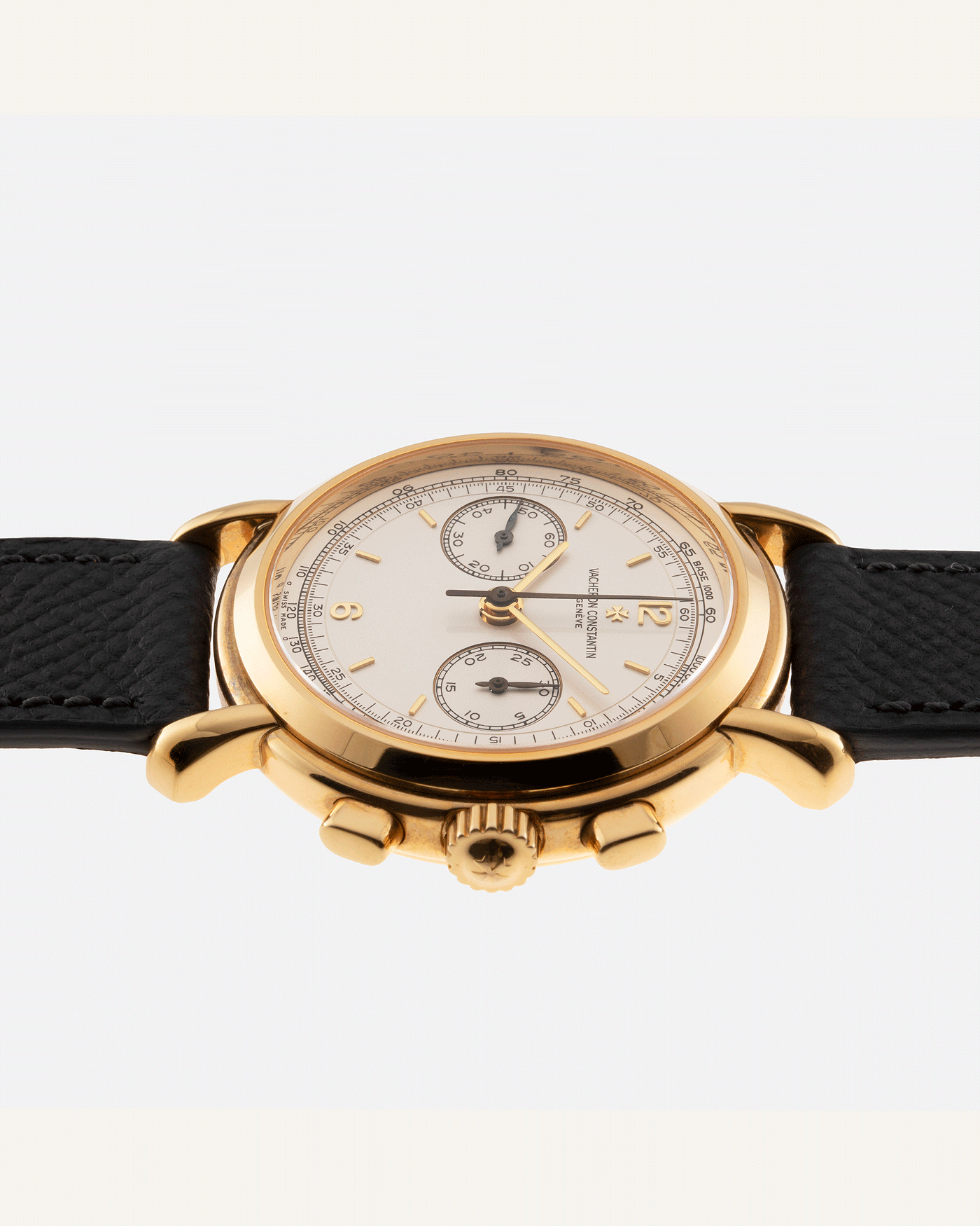 Brand: Vacheron Constantin Year: 1990’s Model: Les Historiques Chronograph Reference Number: 47101 Material: 18k Yellow Gold Movement: Lemania 2320 Based Cal. 1141 Case Diameter: 37mm Bracelet: Molequin Anthracite Textured Calf with 18k Yellow Gold Tang Buckle