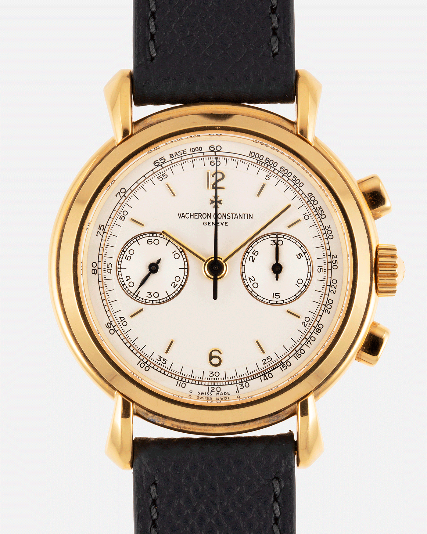 Brand: Vacheron Constantin Year: 1990’s Model: Les Historiques Chronograph Reference Number: 47101 Material: 18k Yellow Gold Movement: Lemania 2320 Based Cal. 1141 Case Diameter: 37mm Bracelet: Molequin Anthracite Textured Calf with 18k Yellow Gold Tang Buckle