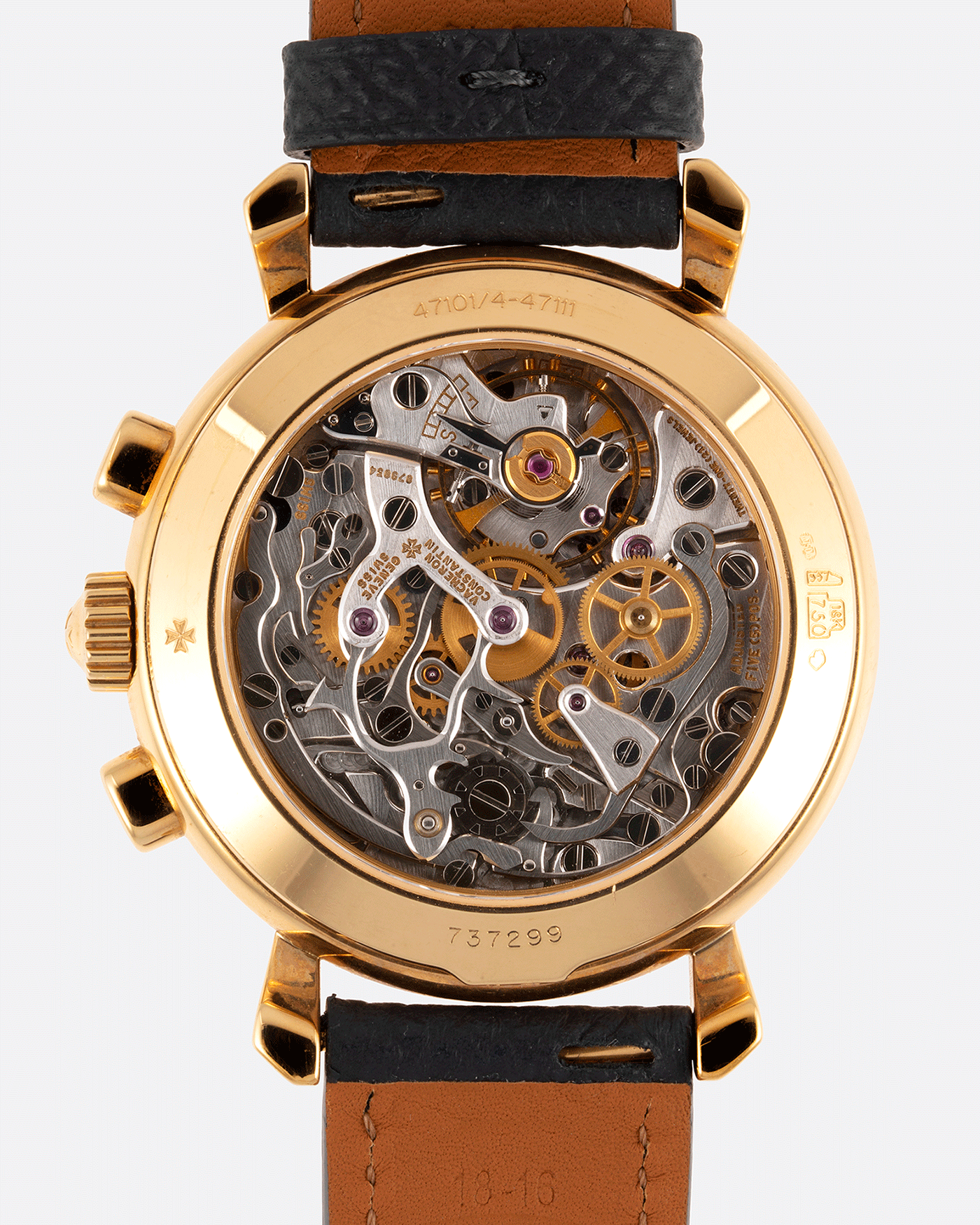 Brand: Vacheron Constantin Year: 1990’s Model: Les Historiques Chronograph Reference Number: 47101 Material: 18k Yellow Gold Movement: Lemania 2320 Based Cal. 1141 Case Diameter: 37mm Bracelet: Molequin Anthracite Textured Calf with 18k Yellow Gold Tang Buckle