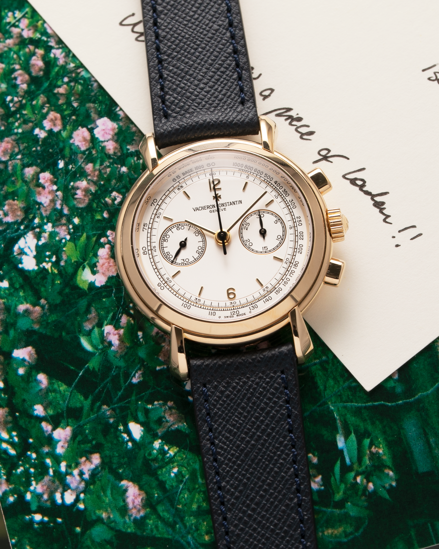 Brand: Vacheron Constantin Year: 1990’s Model: Les Historiques Chronograph  Reference Number: 47101 Material: 18k Yellow Gold Movement: Lemania 2320 Based Cal. 1141 Case Diameter: 37mm Bracelet: Molequin Navy Blue Textured Calf with 18k Yellow Gold Tang Buckle