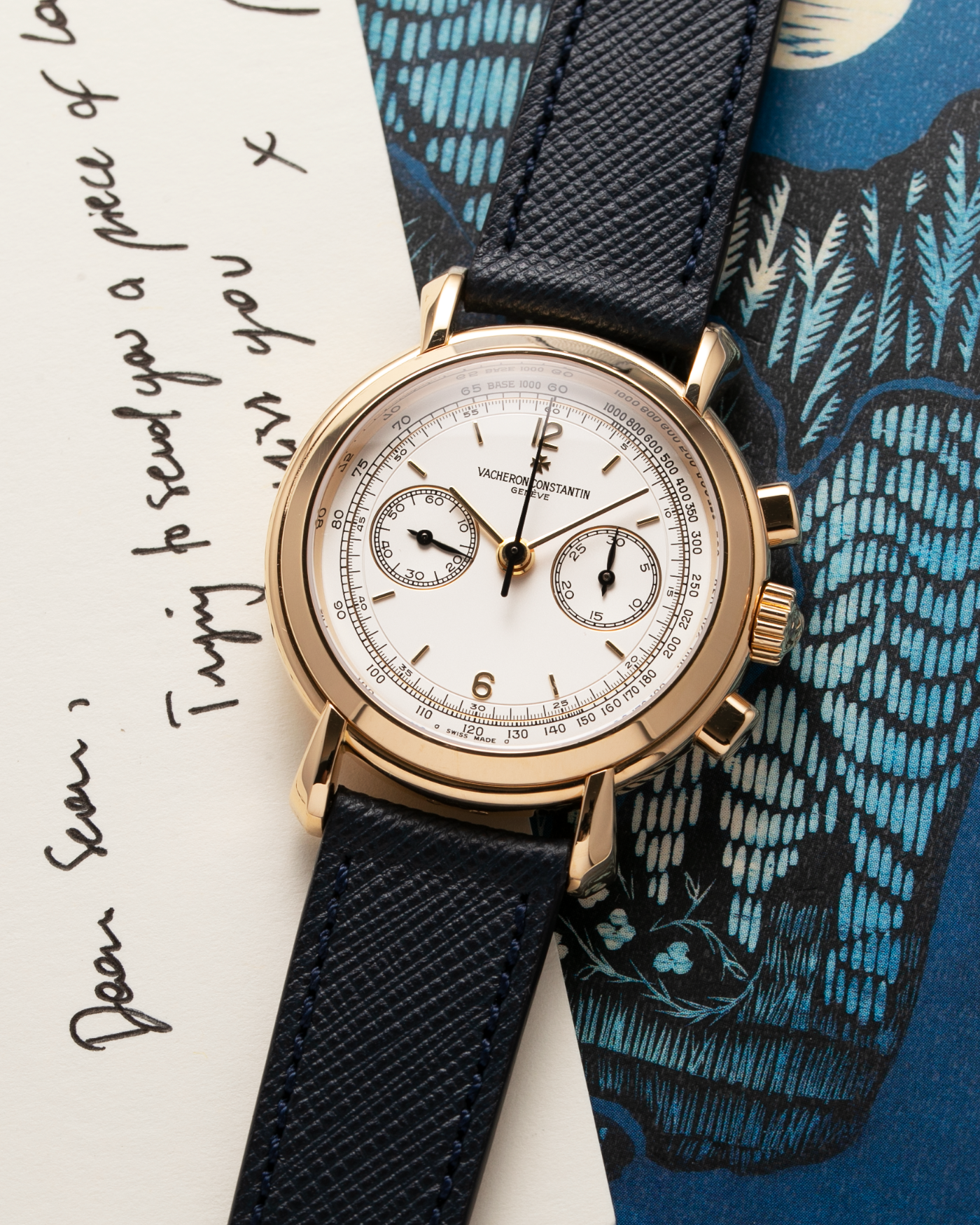 Brand: Vacheron Constantin Year: 1990’s Model: Les Historiques Chronograph  Reference Number: 47101 Material: 18k Yellow Gold Movement: Lemania 2320 Based Cal. 1141 Case Diameter: 37mm Bracelet: Molequin Navy Blue Textured Calf with 18k Yellow Gold Tang Buckle