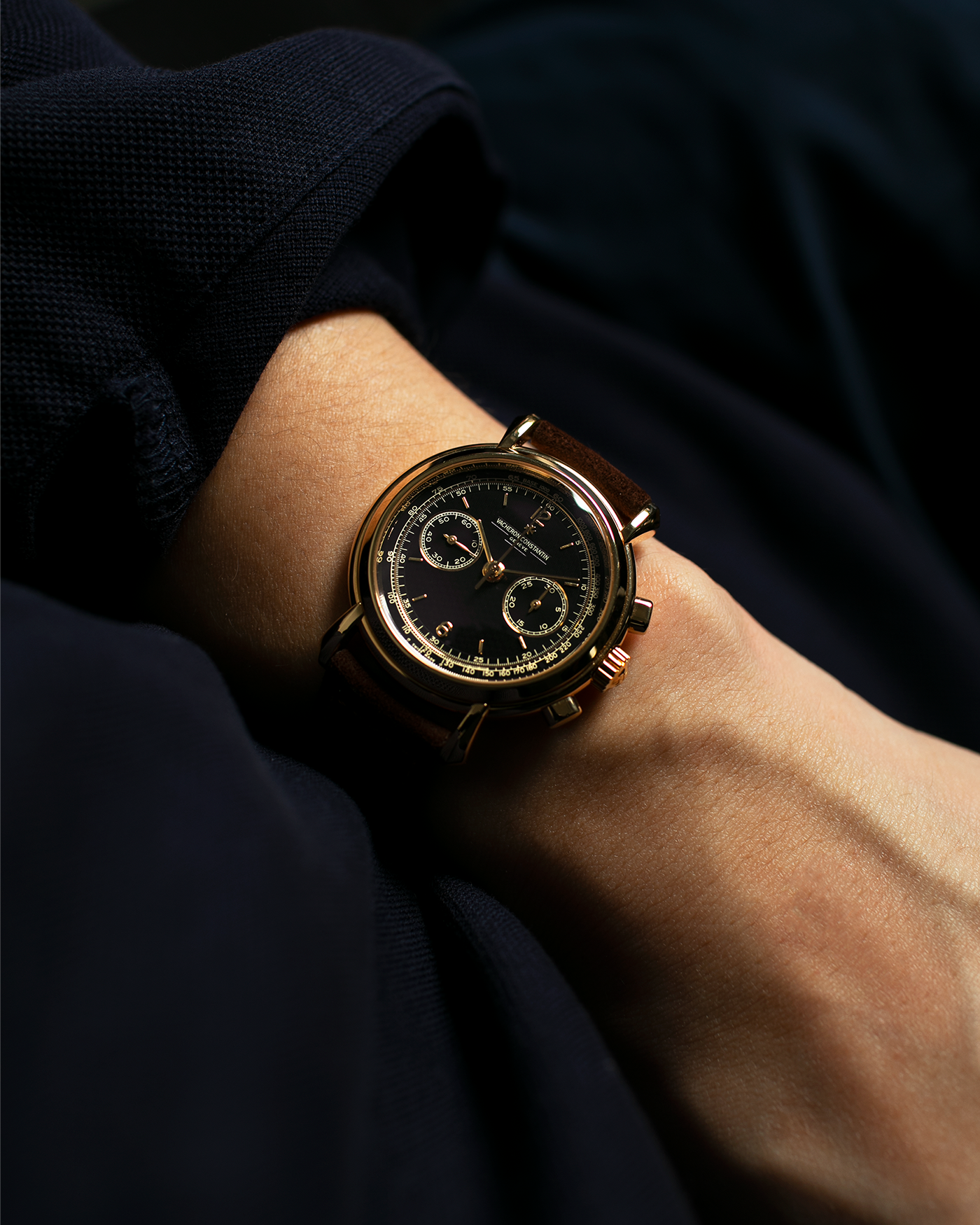 Brand: Vacheron Constantin Year: 2000's Model: Les Historiques Chronograph  Reference Number: 47101 Material: 18k Yellow Gold Movement: Lemania 2320 Based Cal. 1141 Case Diameter: 37mm Bracelet: Brown Suede with 18k Yellow Gold Tang Buckle