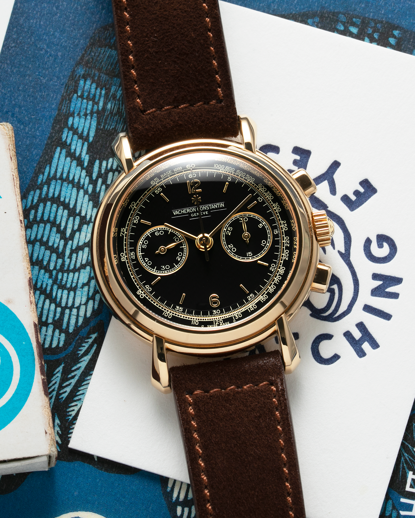Brand: Vacheron Constantin Year: 2000's Model: Les Historiques Chronograph  Reference Number: 47101 Material: 18k Yellow Gold Movement: Lemania 2320 Based Cal. 1141 Case Diameter: 37mm Bracelet: Brown Suede with 18k Yellow Gold Tang Buckle