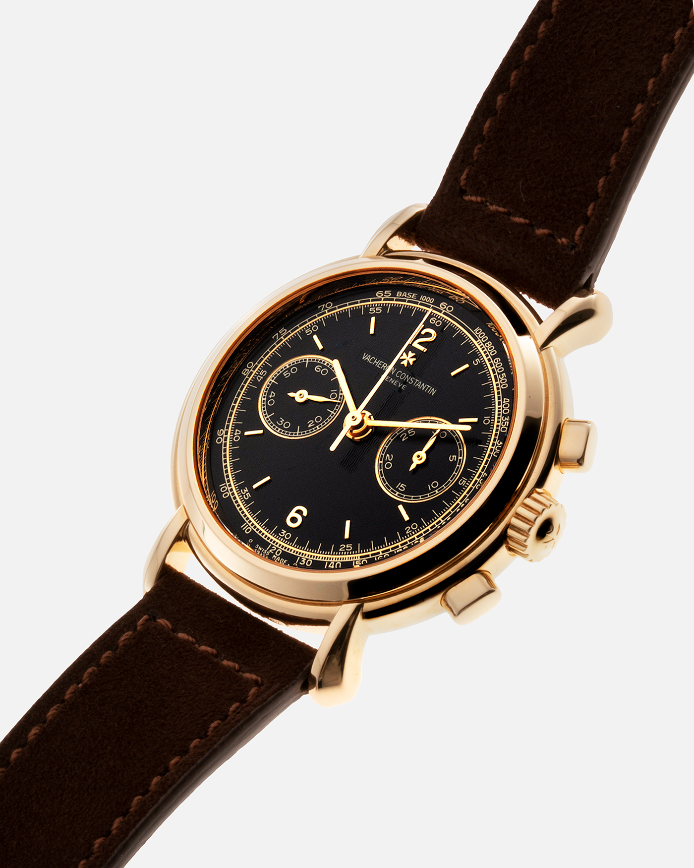 Brand: Vacheron Constantin Year: 2000's Model: Les Historiques Chronograph  Reference Number: 47101 Material: 18k Yellow Gold Movement: Lemania 2320 Based Cal. 1141 Case Diameter: 37mm Bracelet: Brown Suede with 18k Yellow Gold Tang Buckle