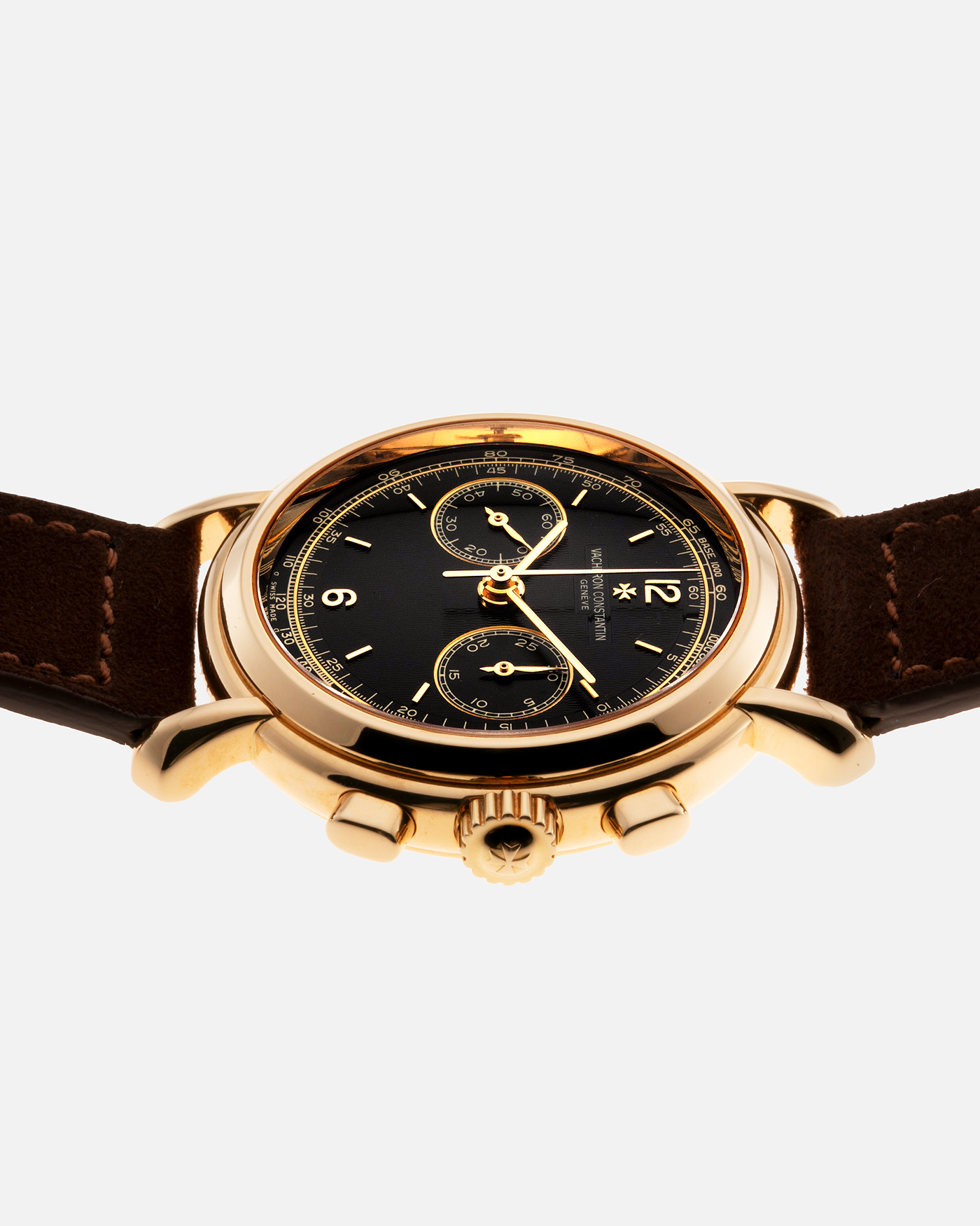 Brand: Vacheron Constantin Year: 2000's Model: Les Historiques Chronograph  Reference Number: 47101 Material: 18k Yellow Gold Movement: Lemania 2320 Based Cal. 1141 Case Diameter: 37mm Bracelet: Brown Suede with 18k Yellow Gold Tang Buckle
