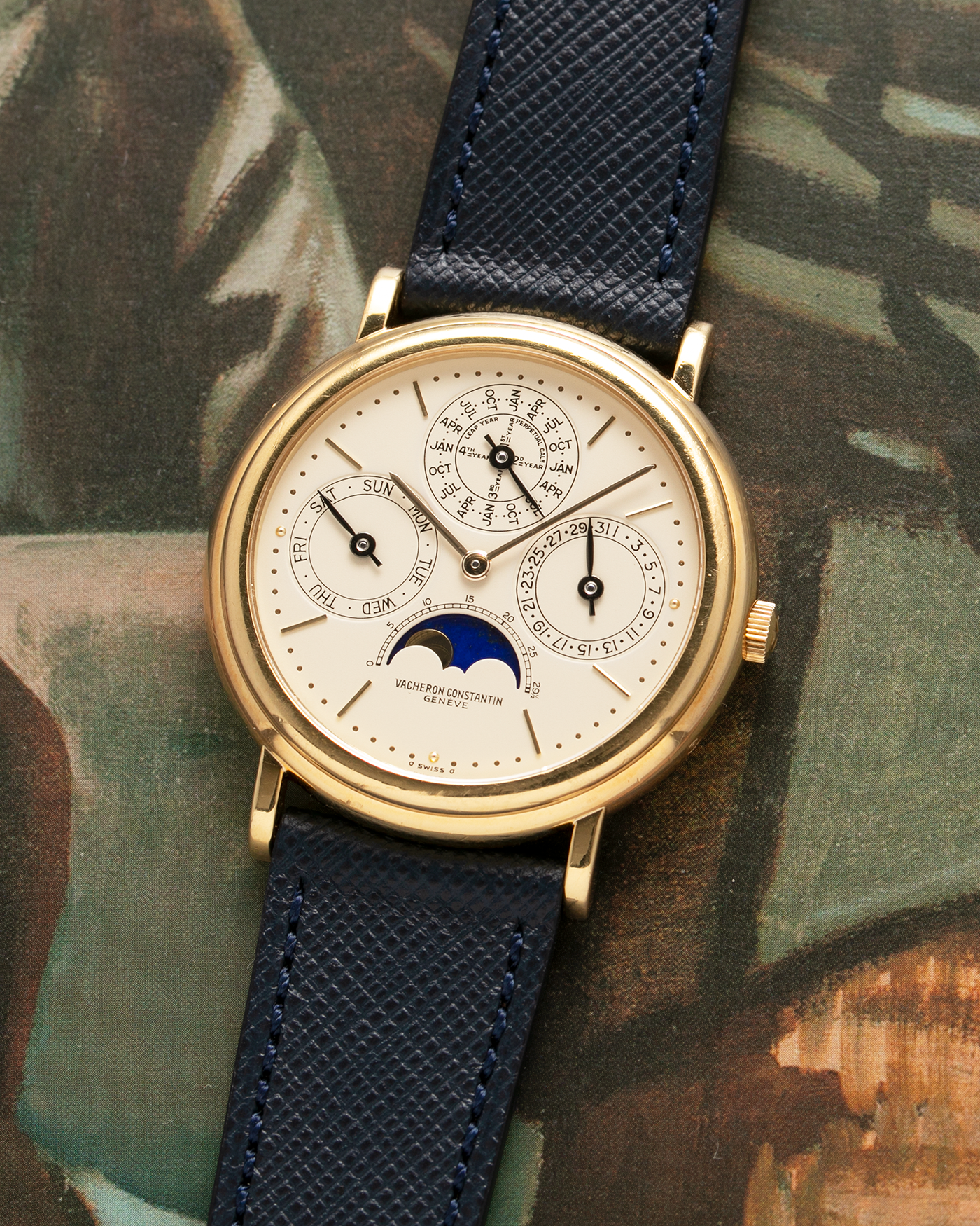 Brand: Vacheron Constantin Year: 1980’s / 1990’s Model: Perpetual Calendar Reference Number: 43031 Material: 18k Yellow Gold Movement: Vacheron Constantin Cal. 1120/2 Case Diameter: 36mm Bracelet: Molequin Navy Blue Texture Calf and Vacheron Constantin Brown Alligator with 18k Yellow Gold Tang Buckle