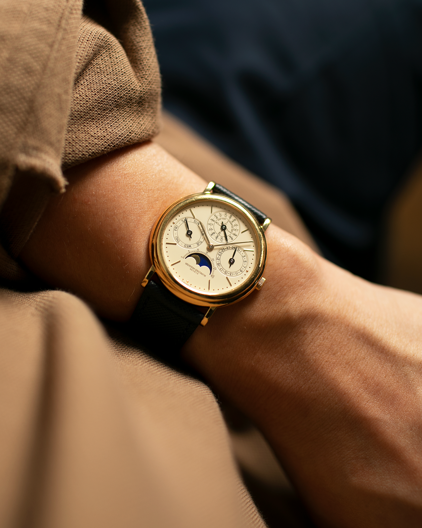 Brand: Vacheron Constantin Year: 1980’s / 1990’s Model: Perpetual Calendar Reference Number: 43031 Material: 18k Yellow Gold Movement: Vacheron Constantin Cal. 1120/2 Case Diameter: 36mm Bracelet: Molequin Navy Blue Texture Calf and Vacheron Constantin Brown Alligator with 18k Yellow Gold Tang Buckle