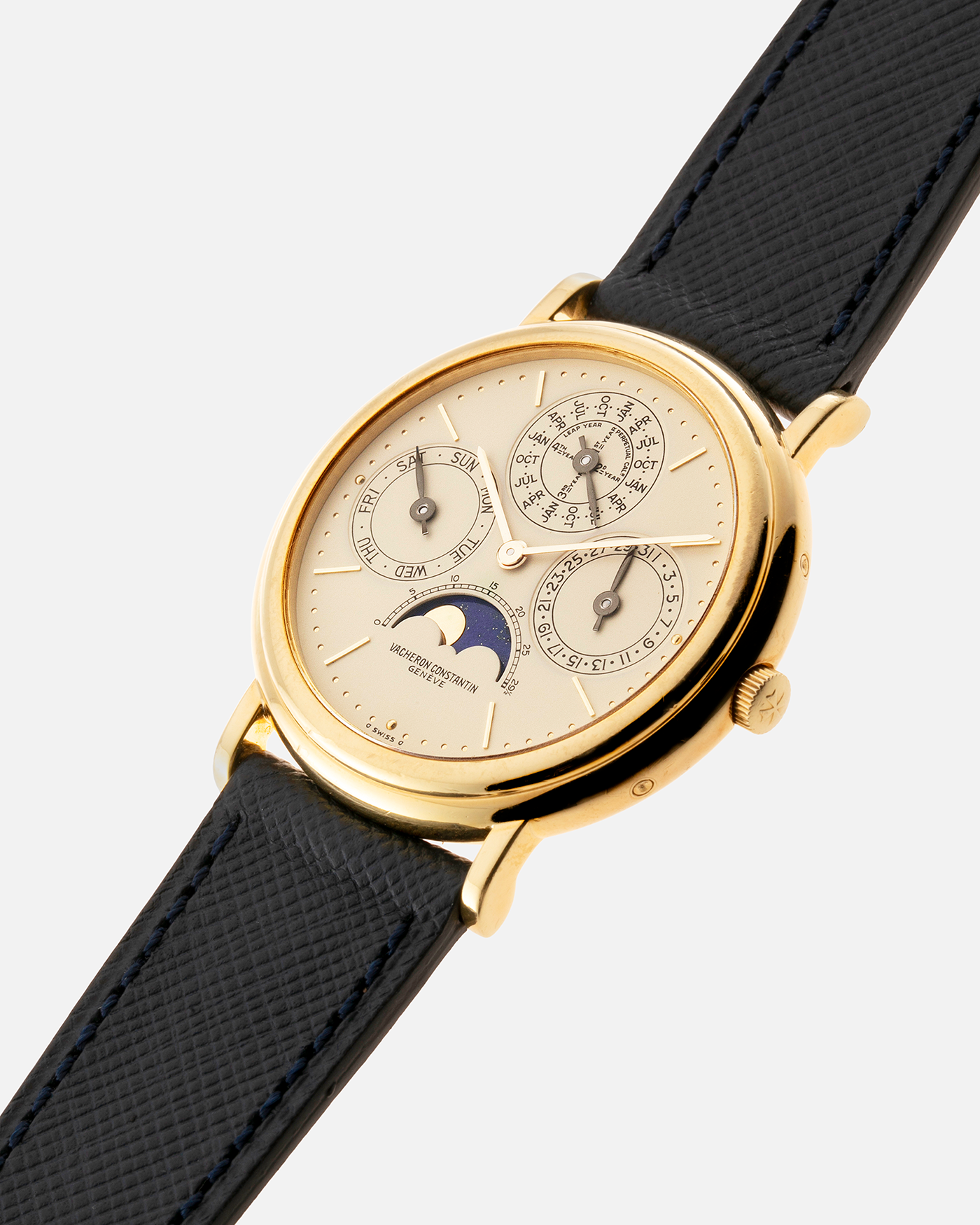 Brand: Vacheron Constantin Year: 1980’s / 1990’s Model: Perpetual Calendar Reference Number: 43031 Material: 18k Yellow Gold Movement: Vacheron Constantin Cal. 1120/2 Case Diameter: 36mm Bracelet: Molequin Navy Blue Texture Calf and Vacheron Constantin Brown Alligator with 18k Yellow Gold Tang Buckle