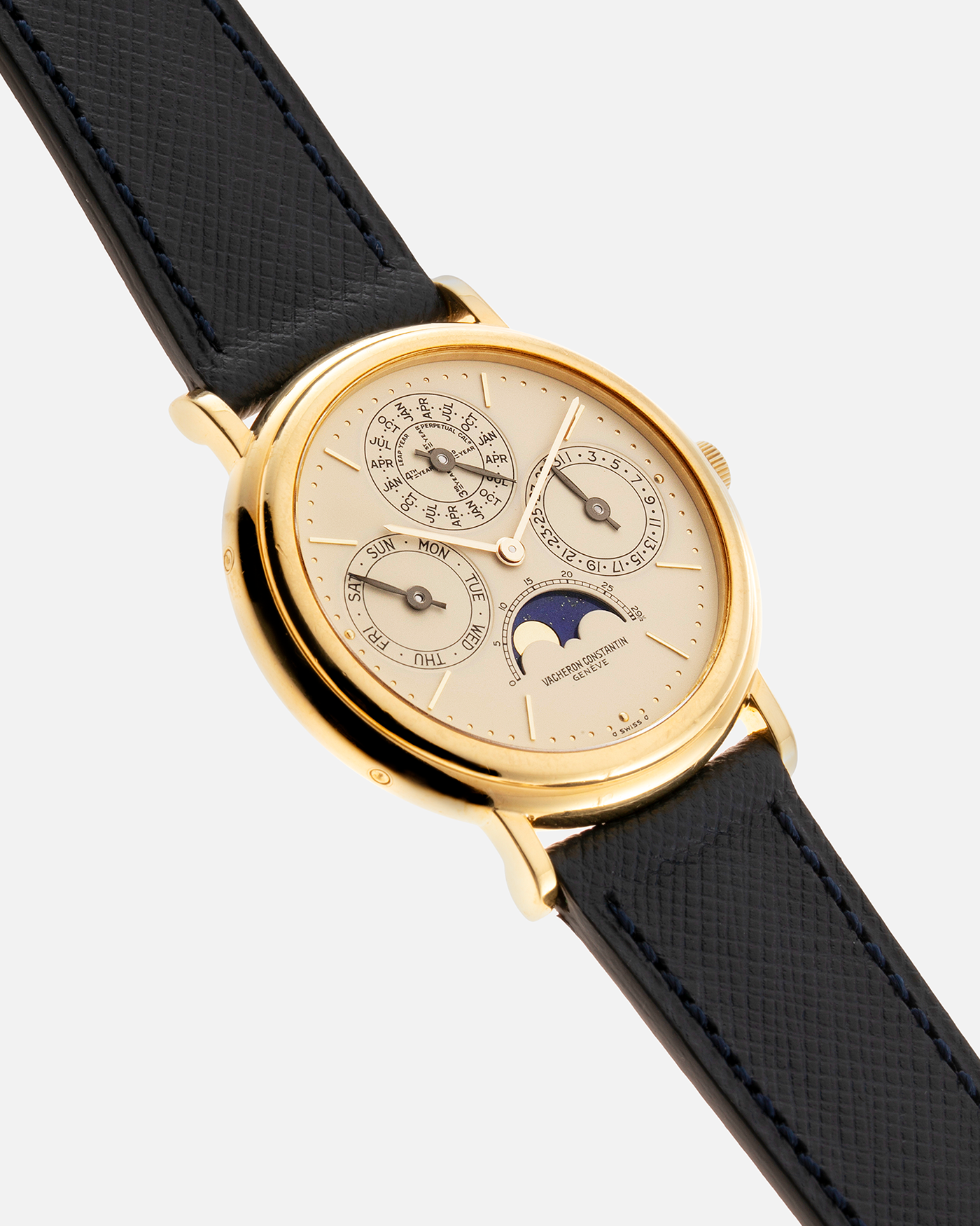Brand: Vacheron Constantin Year: 1980’s / 1990’s Model: Perpetual Calendar Reference Number: 43031 Material: 18k Yellow Gold Movement: Vacheron Constantin Cal. 1120/2 Case Diameter: 36mm Bracelet: Molequin Navy Blue Texture Calf and Vacheron Constantin Brown Alligator with 18k Yellow Gold Tang Buckle