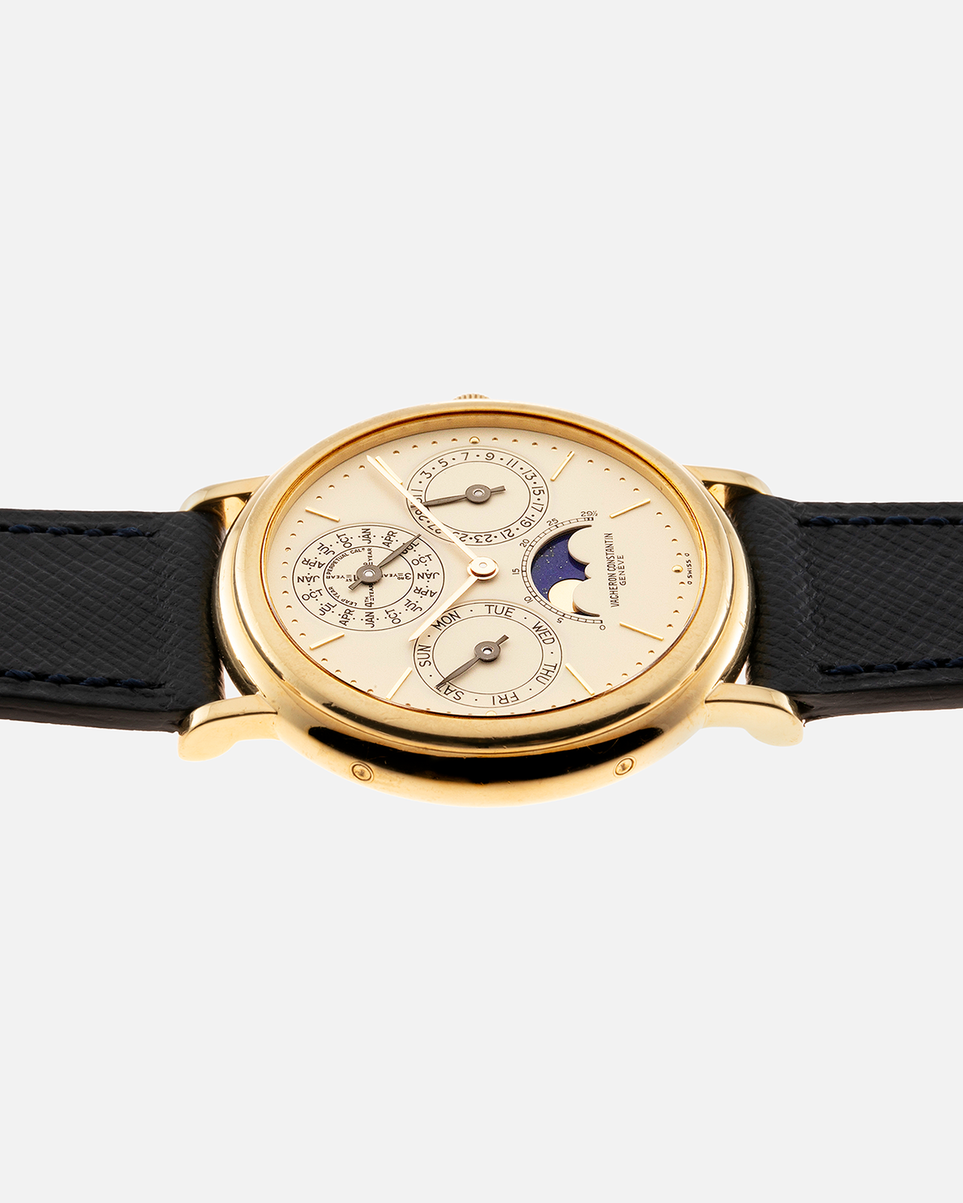 Brand: Vacheron Constantin Year: 1980’s / 1990’s Model: Perpetual Calendar Reference Number: 43031 Material: 18k Yellow Gold Movement: Vacheron Constantin Cal. 1120/2 Case Diameter: 36mm Bracelet: Molequin Navy Blue Texture Calf and Vacheron Constantin Brown Alligator with 18k Yellow Gold Tang Buckle