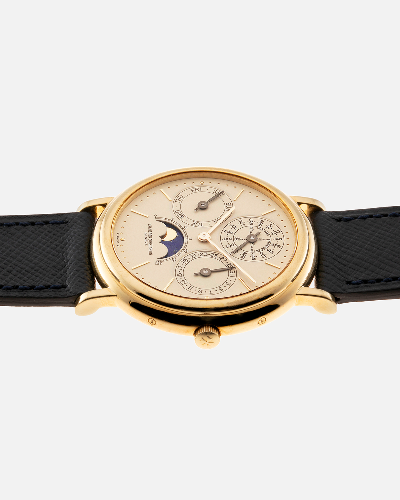 Brand: Vacheron Constantin Year: 1980’s / 1990’s Model: Perpetual Calendar Reference Number: 43031 Material: 18k Yellow Gold Movement: Vacheron Constantin Cal. 1120/2 Case Diameter: 36mm Bracelet: Molequin Navy Blue Texture Calf and Vacheron Constantin Brown Alligator with 18k Yellow Gold Tang Buckle