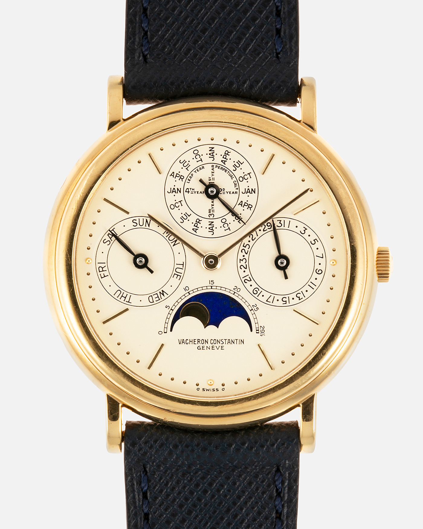 Brand: Vacheron Constantin Year: 1980’s / 1990’s Model: Perpetual Calendar Reference Number: 43031 Material: 18k Yellow Gold Movement: Vacheron Constantin Cal. 1120/2 Case Diameter: 36mm Bracelet: Molequin Navy Blue Texture Calf and Vacheron Constantin Brown Alligator with 18k Yellow Gold Tang Buckle