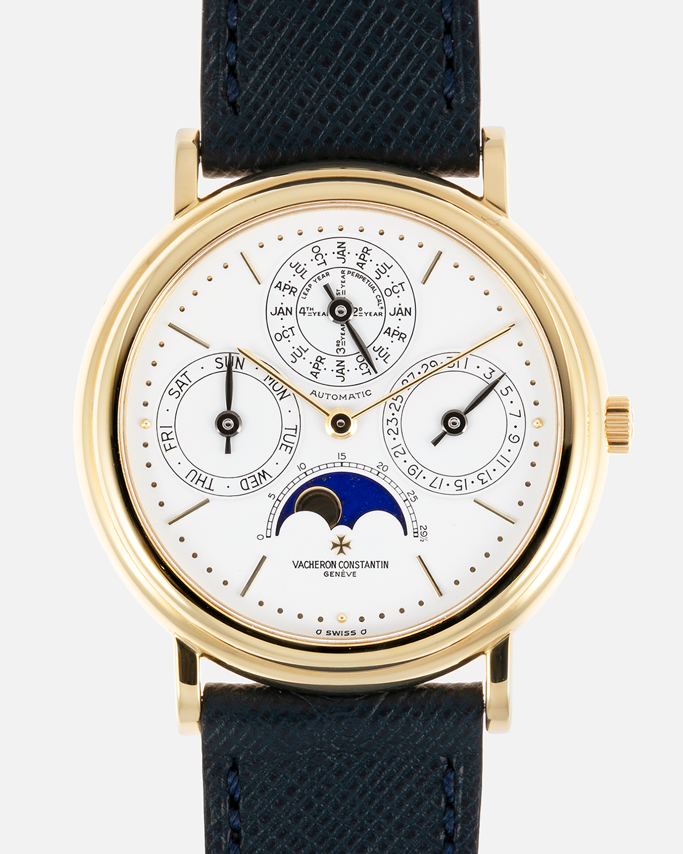 Brand: Vacheron Constantin Year: 1990’s Model: Perpetual Calendar Reference Number: 43031 Material: 18k Yellow Gold Movement: Vacheron Constantin Cal. 1120/2 Case Diameter: 36mm Bracelet: Molequin Navy Blue Texture Calf and Vacheron Constantin Black Alligator with 18k Yellow Gold Tang Buckle
