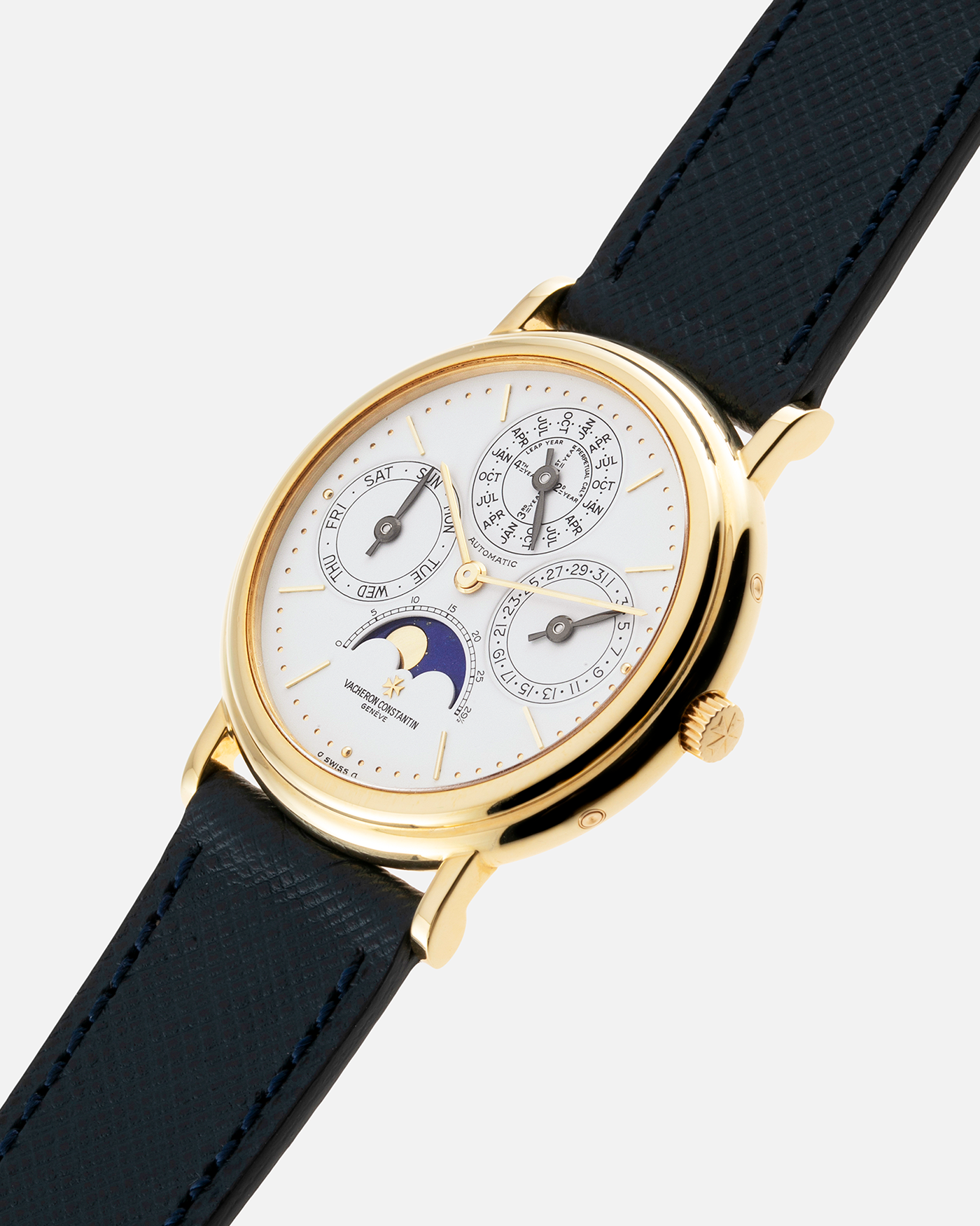 Brand: Vacheron Constantin Year: 1990’s Model: Perpetual Calendar Reference Number: 43031 Material: 18k Yellow Gold Movement: Vacheron Constantin Cal. 1120/2 Case Diameter: 36mm Bracelet: Molequin Navy Blue Texture Calf and Vacheron Constantin Black Alligator with 18k Yellow Gold Tang Buckle