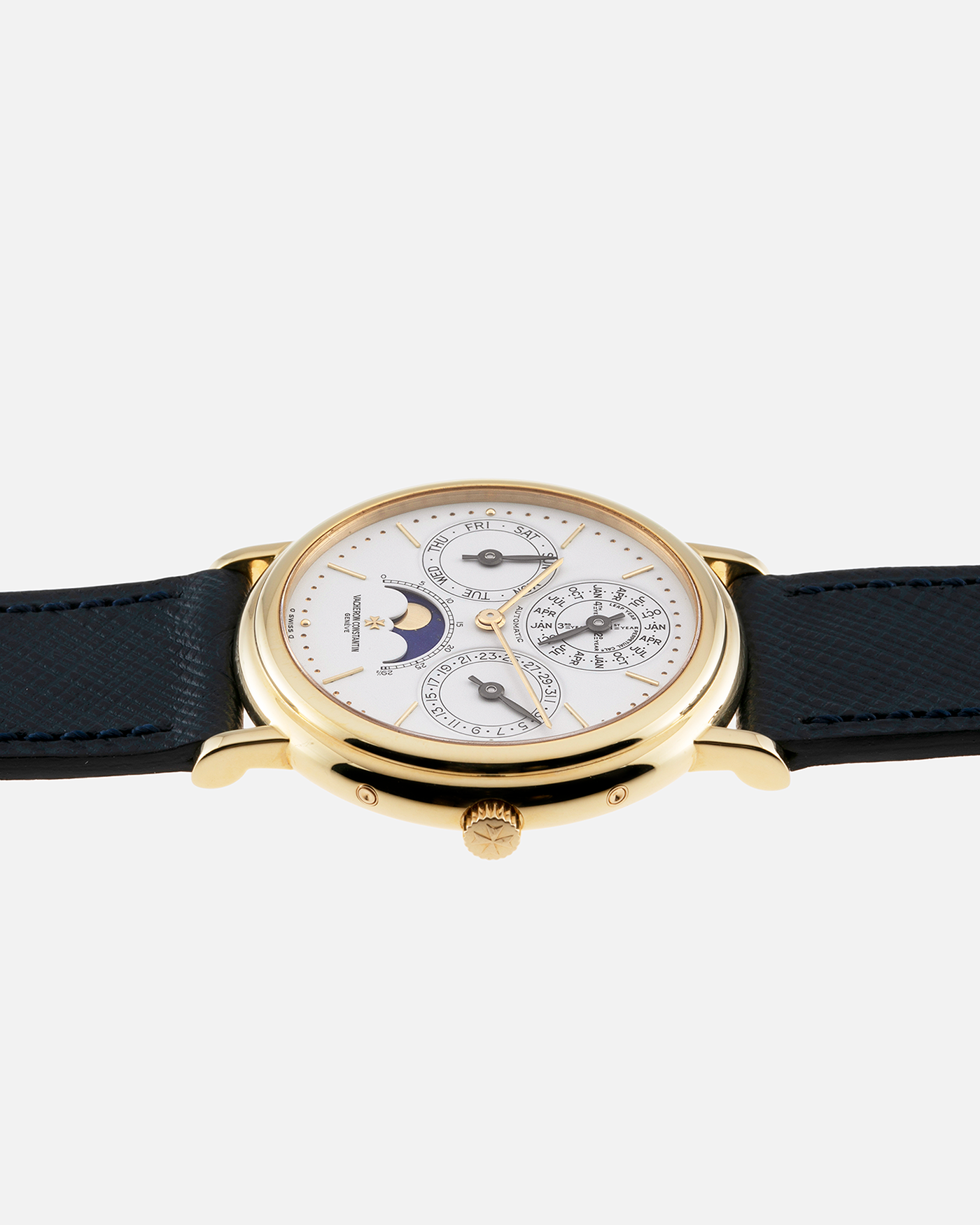 Brand: Vacheron Constantin Year: 1990’s Model: Perpetual Calendar Reference Number: 43031 Material: 18k Yellow Gold Movement: Vacheron Constantin Cal. 1120/2 Case Diameter: 36mm Bracelet: Molequin Navy Blue Texture Calf and Vacheron Constantin Black Alligator with 18k Yellow Gold Tang Buckle