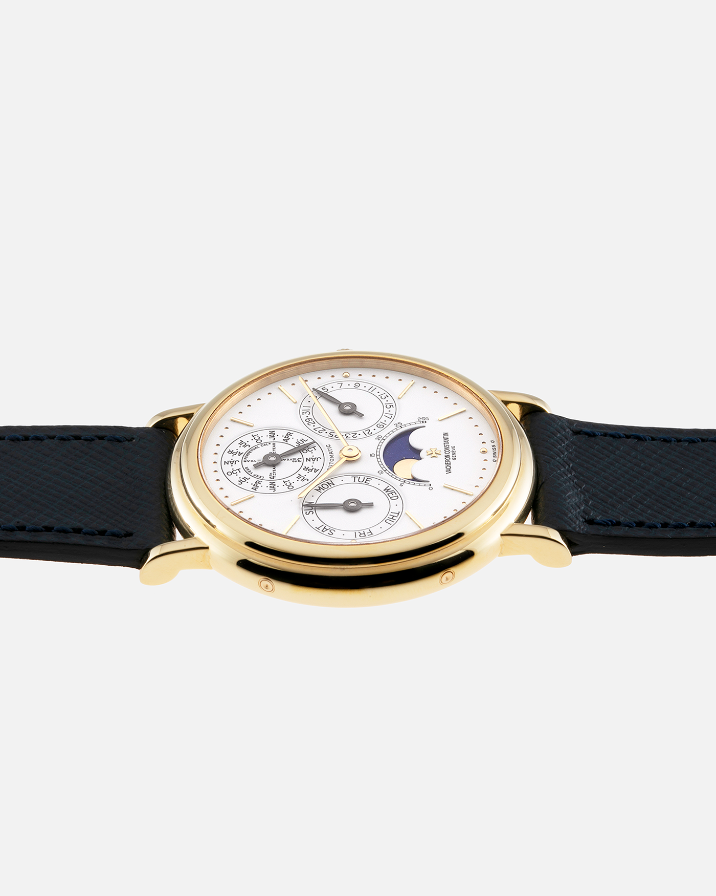 Brand: Vacheron Constantin Year: 1990’s Model: Perpetual Calendar Reference Number: 43031 Material: 18k Yellow Gold Movement: Vacheron Constantin Cal. 1120/2 Case Diameter: 36mm Bracelet: Molequin Navy Blue Texture Calf and Vacheron Constantin Black Alligator with 18k Yellow Gold Tang Buckle