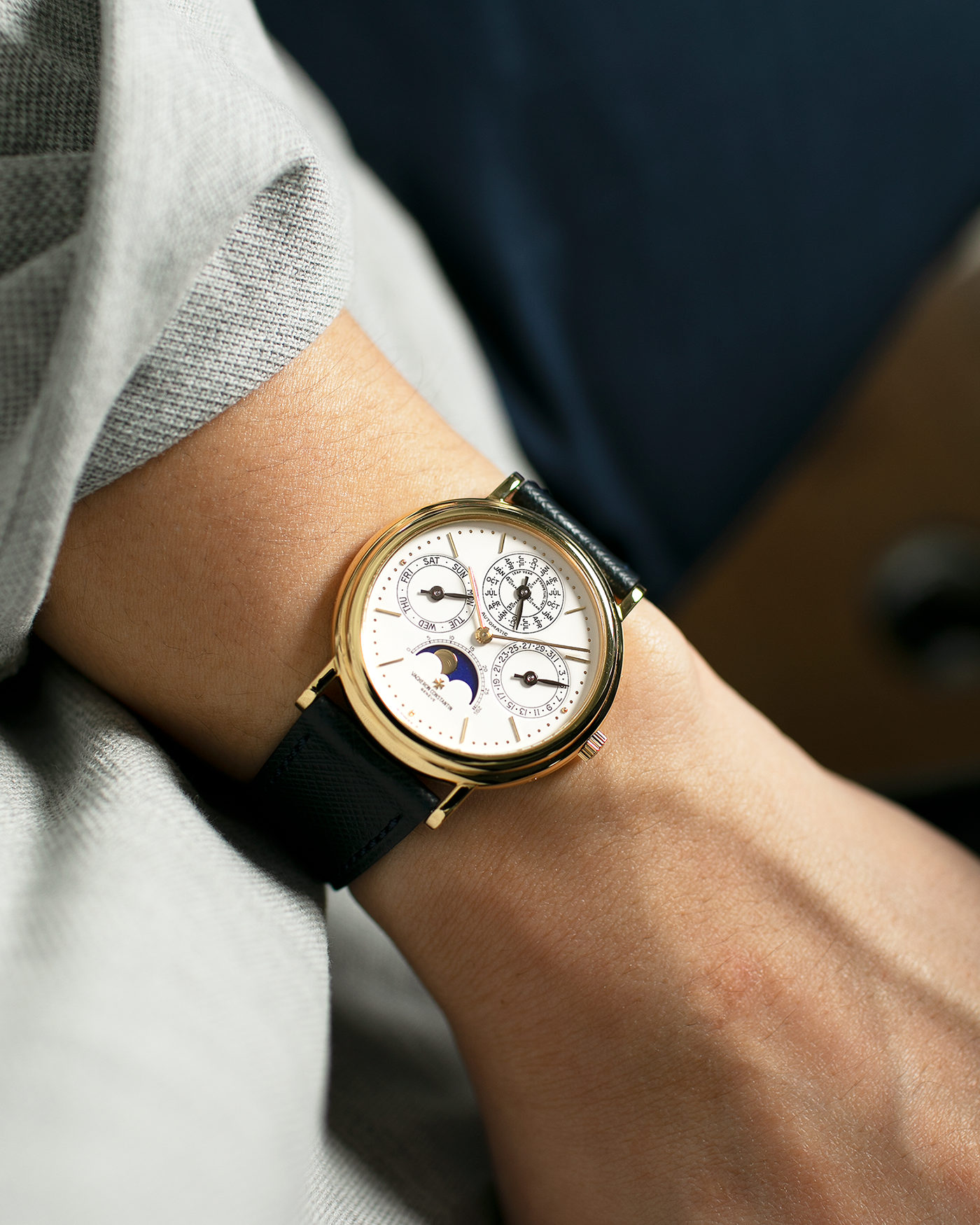 Brand: Vacheron Constantin Year: 1990’s Model: Perpetual Calendar Reference Number: 43031 Material: 18k Yellow Gold Movement: Vacheron Constantin Cal. 1120/2 Case Diameter: 36mm Bracelet: Molequin Navy Blue Texture Calf and Vacheron Constantin Black Alligator with 18k Yellow Gold Tang Buckle