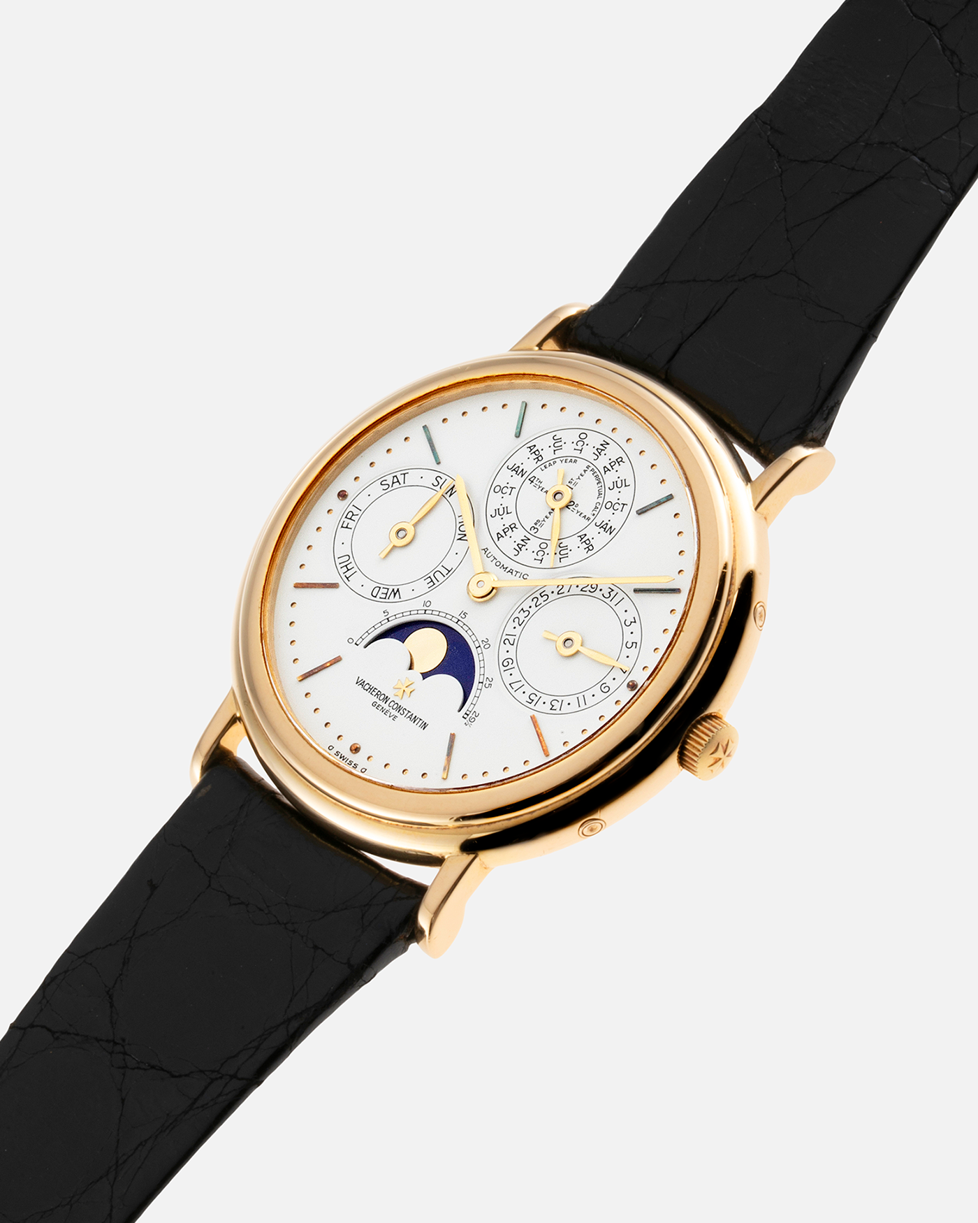 Brand: Vacheron Constantin Year: 1990’s Model: Perpetual Calendar Reference Number: 43031 Material: 18k Yellow Gold Movement: Vacheron Constantin Cal. 1120/2 Case Diameter: 36mm Strap: Black Vacheron Constantin Alligator Strap with 18k Yellow Gold Tang Buckle