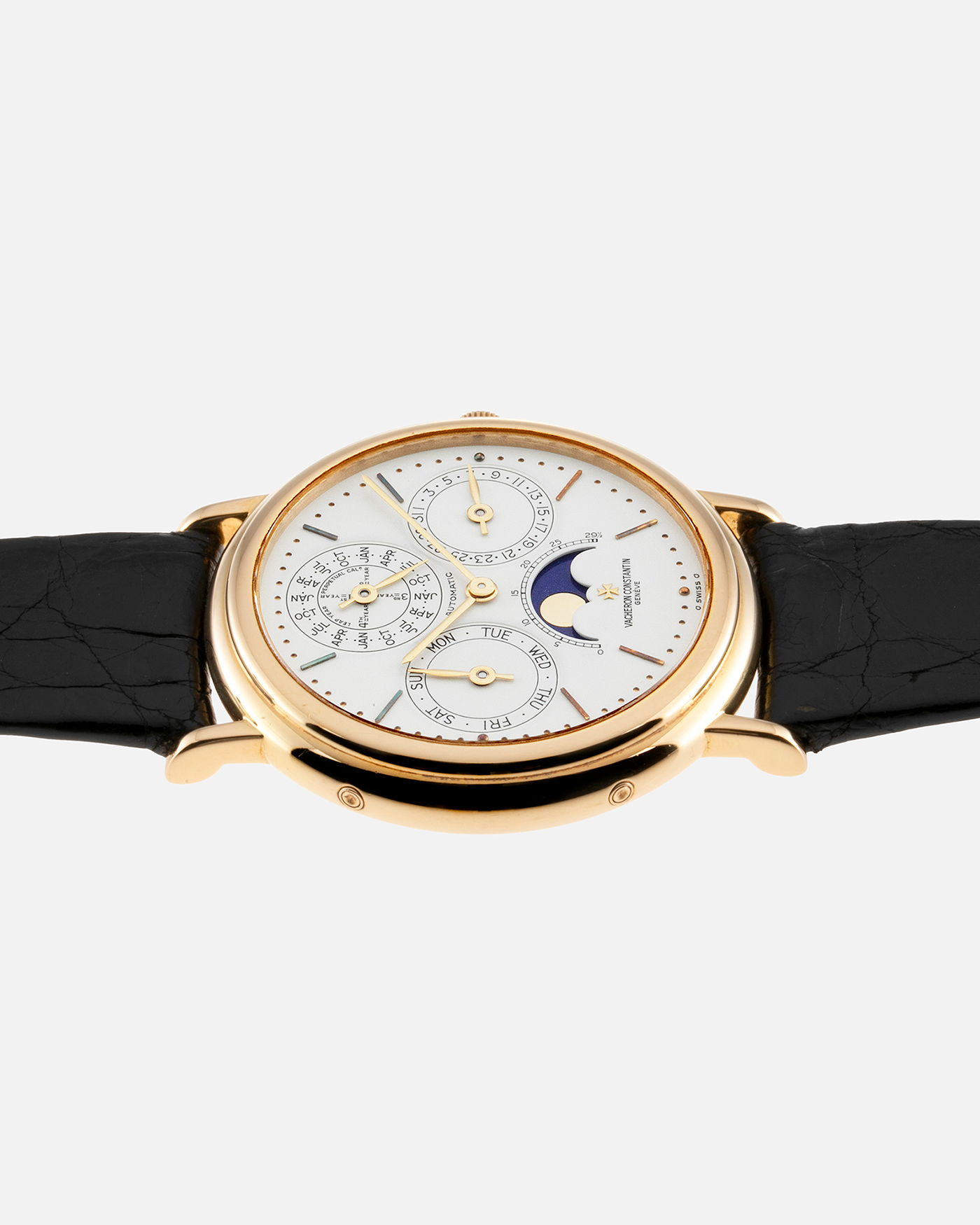 Brand: Vacheron Constantin Year: 1990’s Model: Perpetual Calendar Reference Number: 43031 Material: 18k Yellow Gold Movement: Vacheron Constantin Cal. 1120/2 Case Diameter: 36mm Strap: Black Vacheron Constantin Alligator Strap with 18k Yellow Gold Tang Buckle