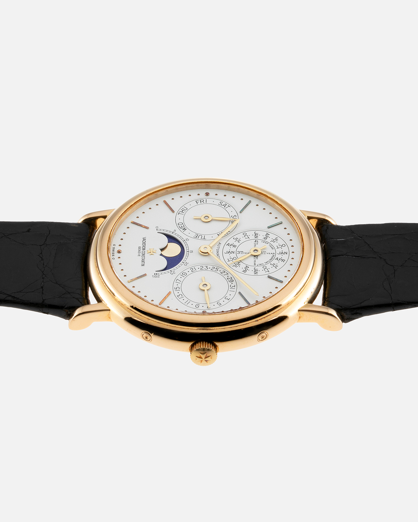 Brand: Vacheron Constantin Year: 1990’s Model: Perpetual Calendar Reference Number: 43031 Material: 18k Yellow Gold Movement: Vacheron Constantin Cal. 1120/2 Case Diameter: 36mm Strap: Black Vacheron Constantin Alligator Strap with 18k Yellow Gold Tang Buckle