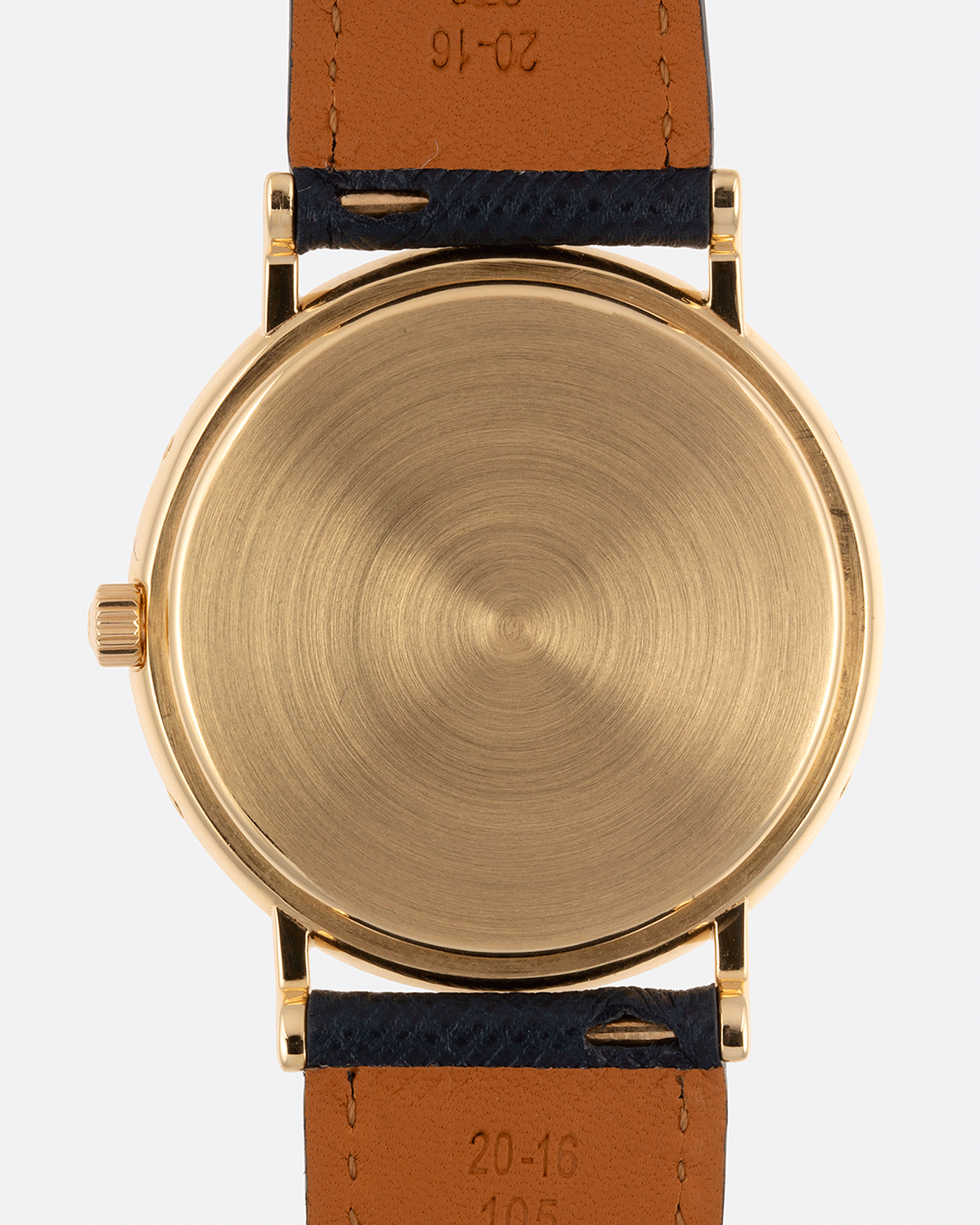 Brand: Vacheron Constantin Year: 1980’s Model: Perpetual Calendar Reference Number: 43031 Material: 18k Yellow Gold Movement: Vacheron Constantin Cal. 1120/2 Case Diameter: 36mm Bracelet: Molequin Navy Blue Texture Calf and Vacheron Constantin Brown Alligator with 18k Yellow Gold Tang Buckle
