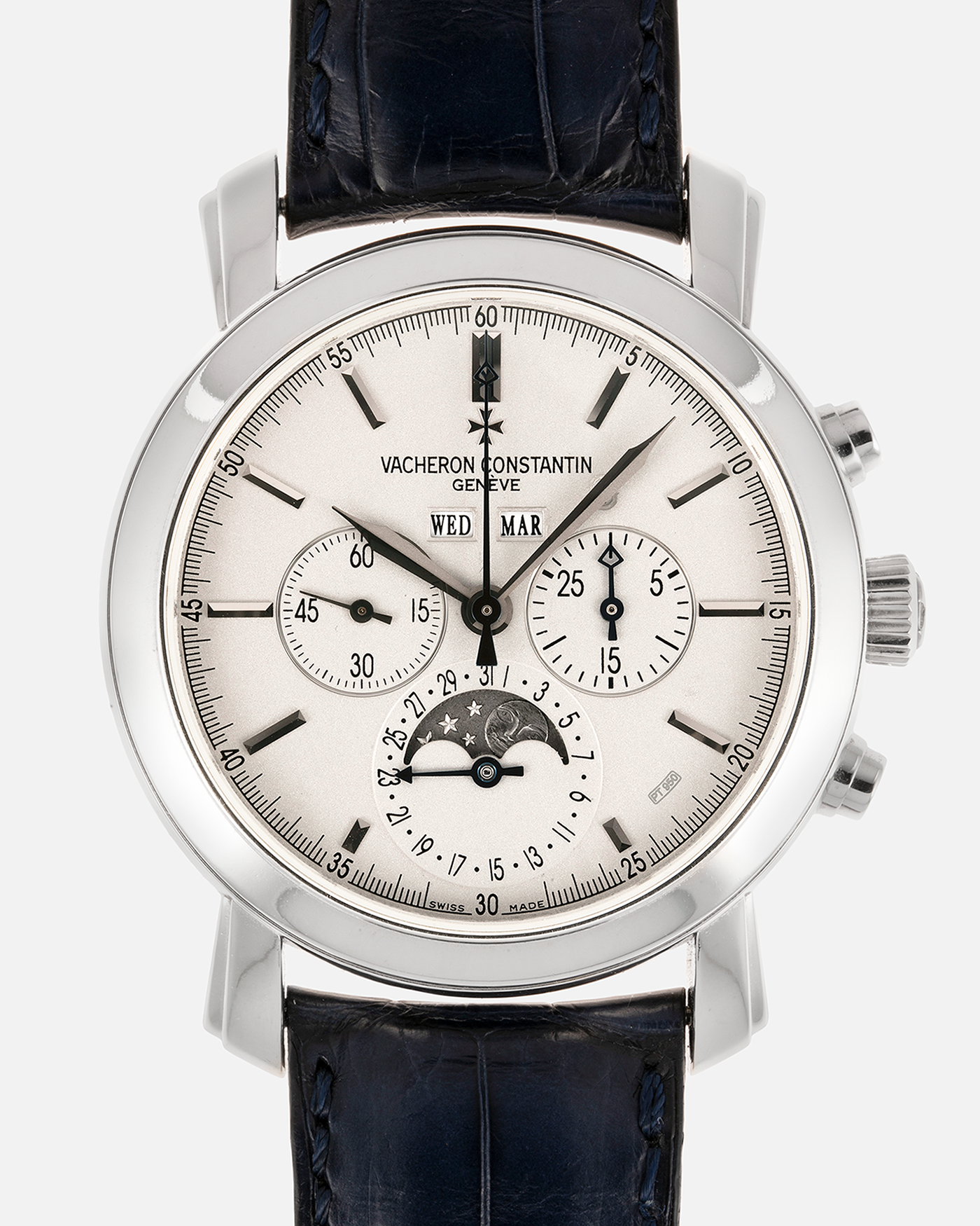 Brand: Vacheron Constantin Year: 2007 Model: Excellence Platine Collection, Perpetual Calendar Chronograph Reference Number: 47212 Material: Platinum Movement: Cal. 1141 QPR Case Diameter: 42mm Bracelet: Vacheron Constantin Navy Blue Alligator with Platinum Deployant Clasp