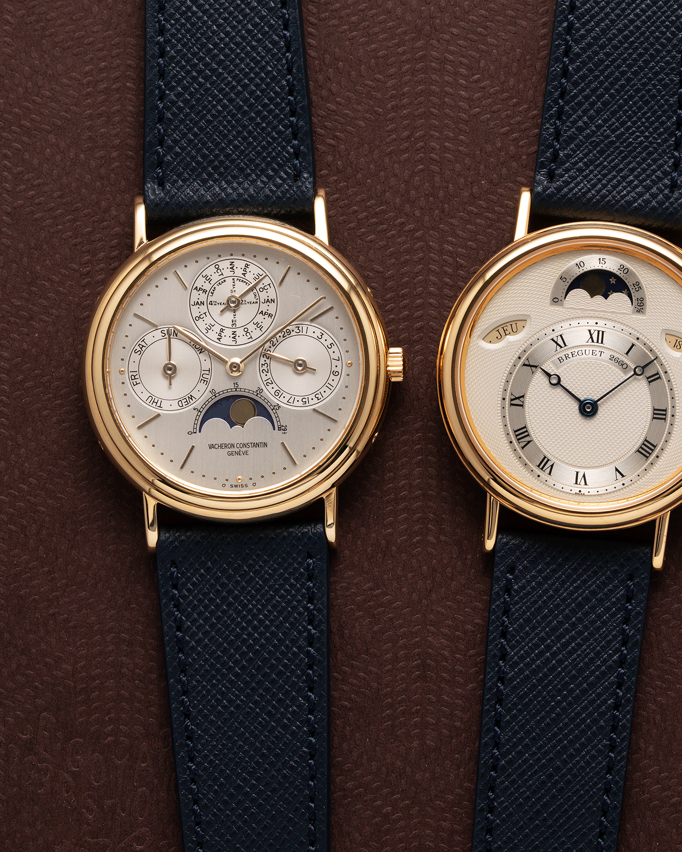 Brand: Vacheron Constantin Year: 1980’s Model: Perpetual Calendar Reference Number: 43031 Material: 18k Yellow Gold Movement: Vacheron Constantin Cal. 1120/2 Case Diameter: 36mm Bracelet: Molequin Navy Blue Texture Calf and Vacheron Constantin Brown Alligator with 18k Yellow Gold Tang Buckle