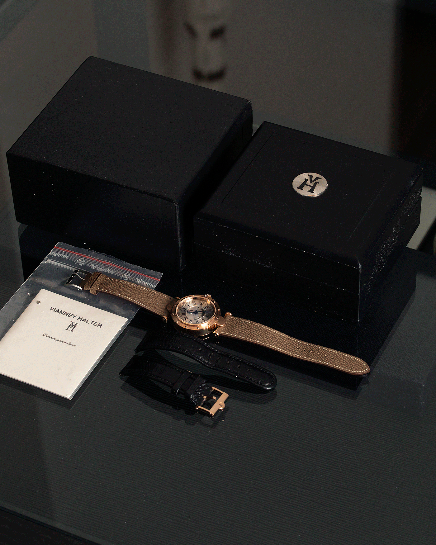 Brand: Vianney Halter Year: 2000’s Model: Classic Material: 18k Rose Movement: Modified Lemania 8810 with mystery motor Case Diameter: 36mm Bracelet/Strap: Vianney Halter Black Alligator with matching Yellow Gold Buckle