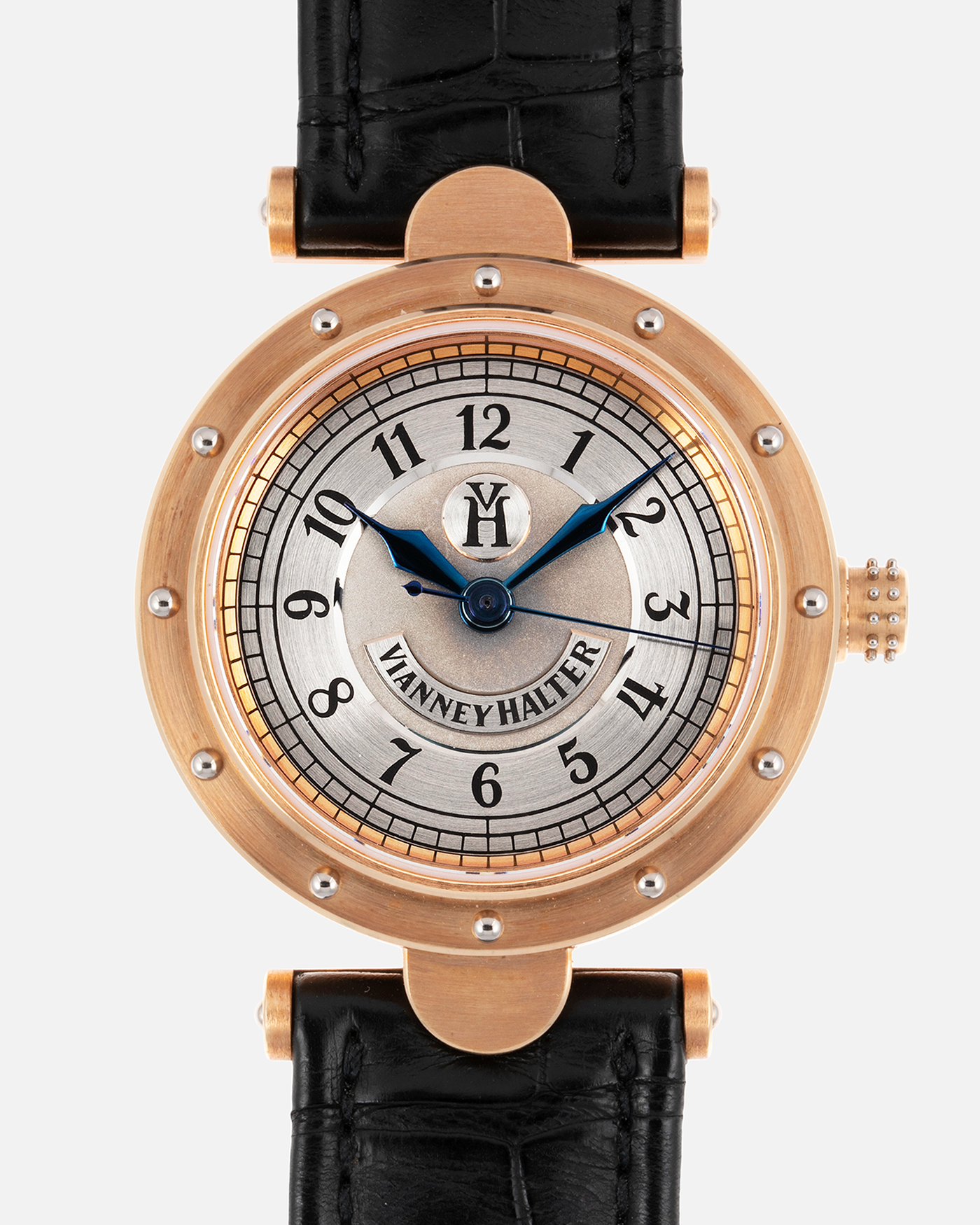 Brand: Vianney Halter Year: 2000’s Model: Classic Material: 18k Rose Gold Movement: Modified Lemania 8810 with mystery motor Case Diameter: 36mm Bracelet/Strap: Vianney Halter Black Alligator with matching Rose Gold Buckle