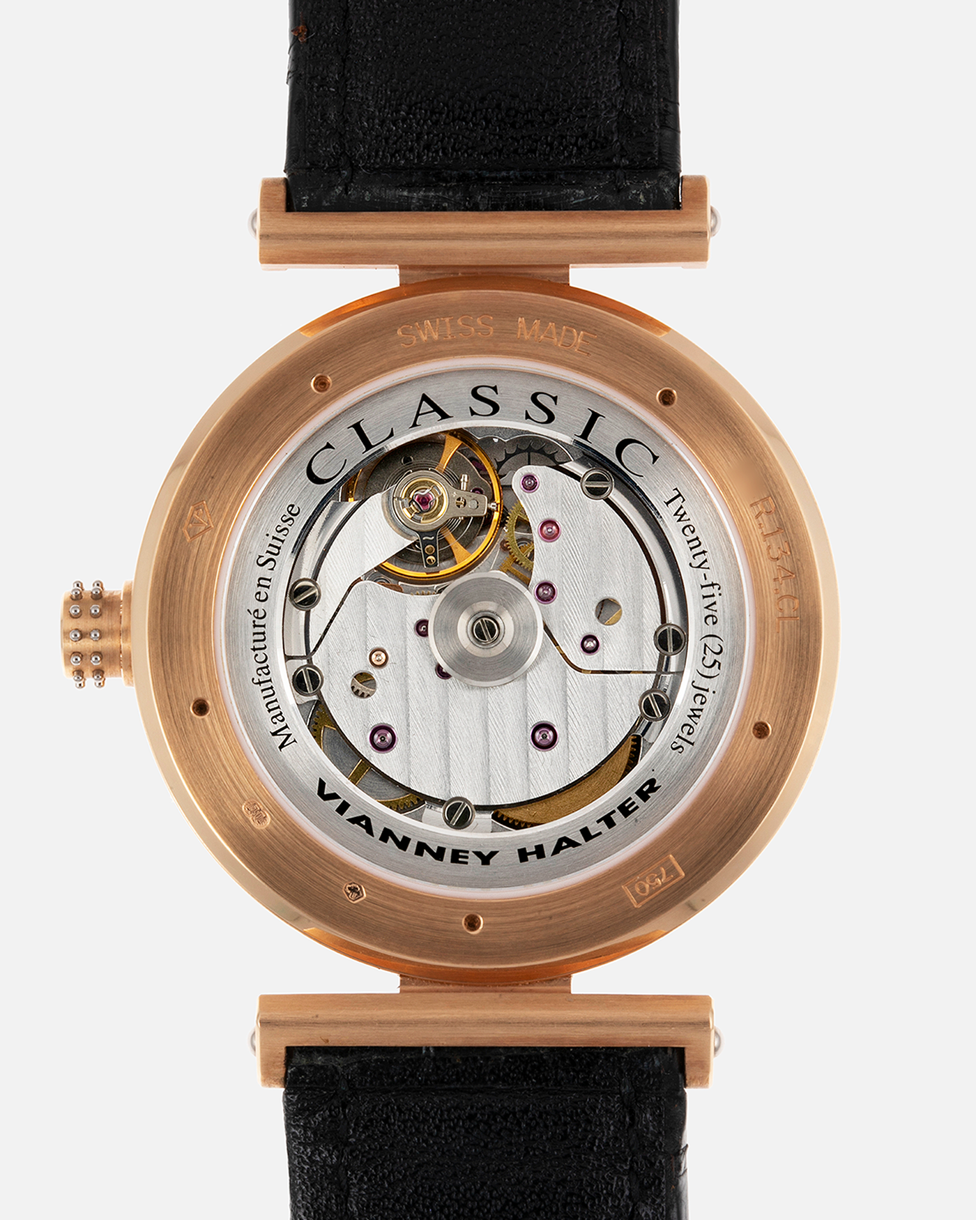 Brand: Vianney Halter Year: 2000’s Model: Classic Material: 18k Rose Gold Movement: Modified Lemania 8810 with mystery motor Case Diameter: 36mm Bracelet/Strap: Vianney Halter Black Alligator with matching Rose Gold Buckle