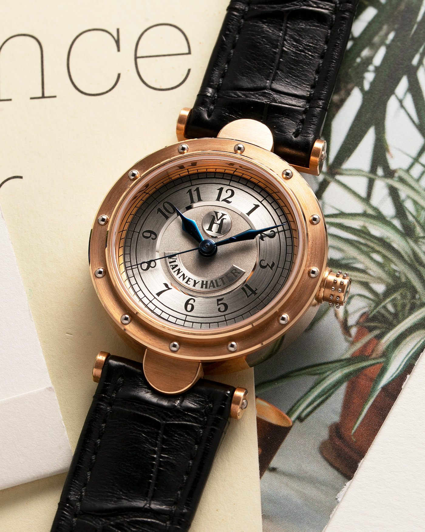 Brand: Vianney Halter Year: 2000’s Model: Classic Material: 18k Rose Gold Movement: Modified Lemania 8810 with mystery motor Case Diameter: 36mm Bracelet/Strap: Vianney Halter Black Alligator with matching Rose Gold Buckle
