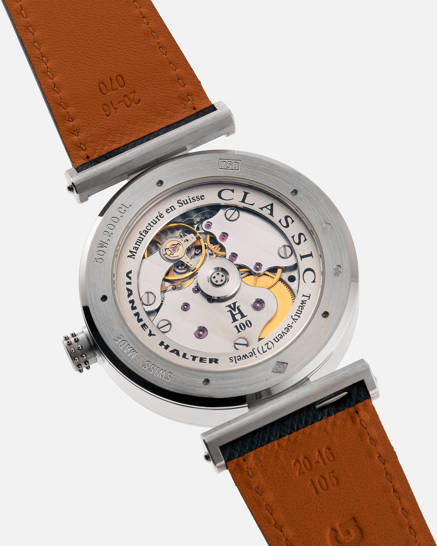 Brand: Vianney Halter Year: 2000’s Model: Classic Material: 18k White Gold Movement: Modified Lemania 8810 with mystery motor Case Diameter: 36mm Bracelet/Strap: Vianney Halter Black Alligator with matching White Gold Buckle and Navy Blue Molequin Textured Calf