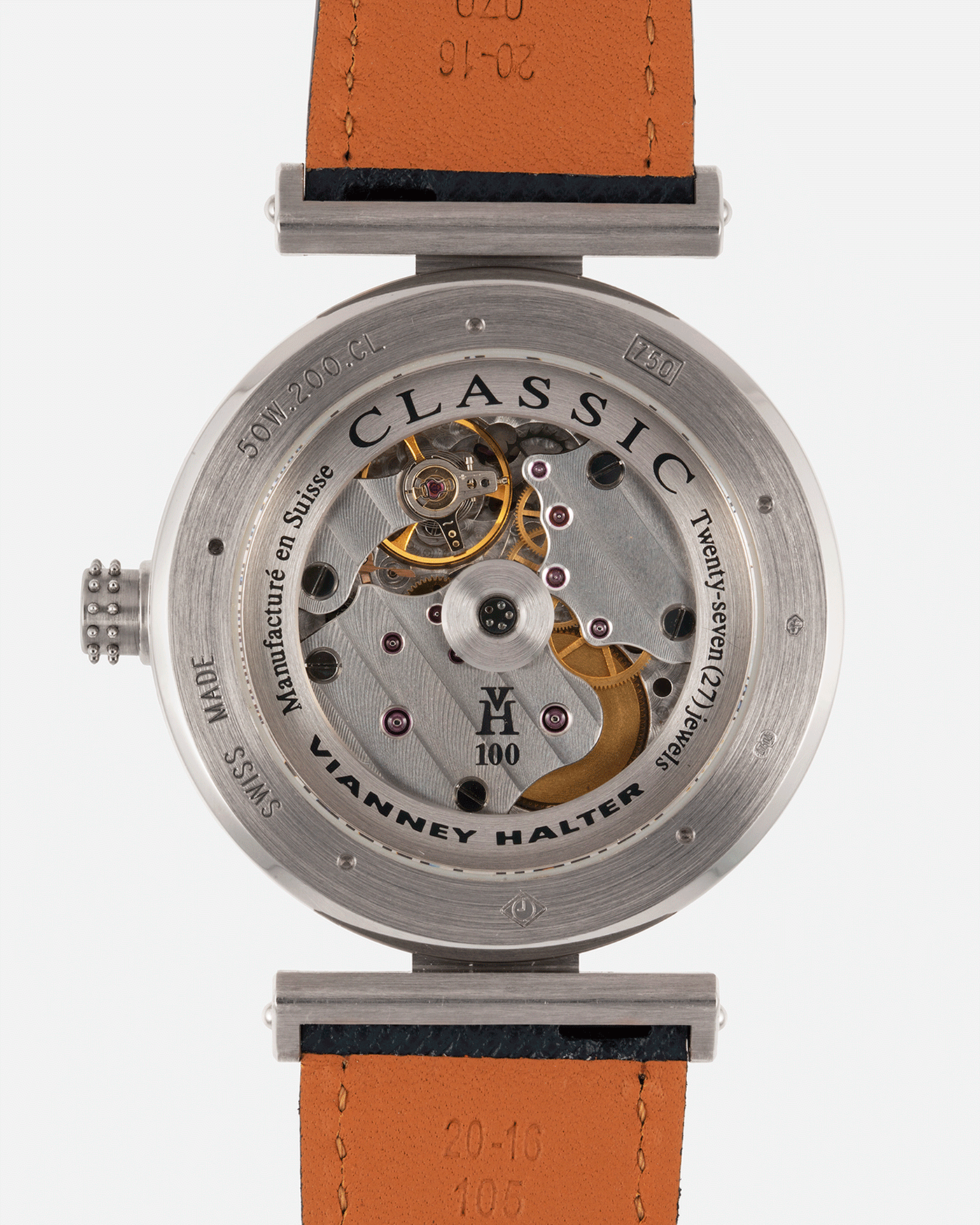 Brand: Vianney Halter Year: 2000’s Model: Classic Material: 18k White Gold Movement: Modified Lemania 8810 with mystery motor Case Diameter: 36mm Bracelet/Strap: Vianney Halter Black Alligator with matching White Gold Buckle and Navy Blue Molequin Textured Calf