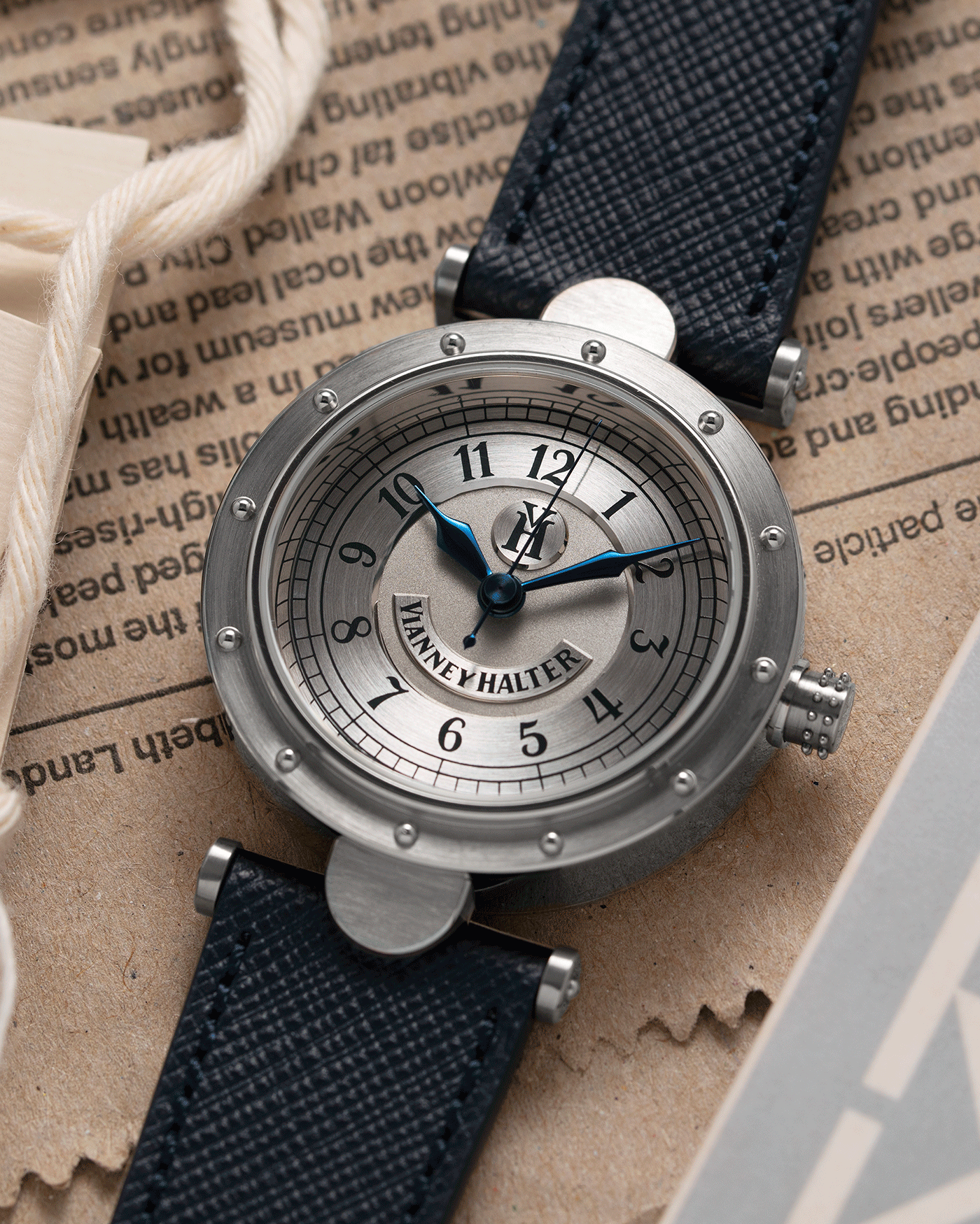 Brand: Vianney Halter Year: 2000’s Model: Classic Material: 18k White Gold Movement: Modified Lemania 8810 with mystery motor Case Diameter: 36mm Bracelet/Strap: Vianney Halter Black Alligator with matching White Gold Buckle and Navy Blue Molequin Textured Calf