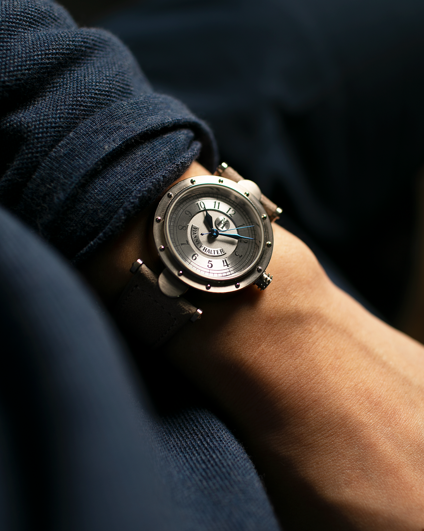 Brand: Vianney Halter Year: 2000’s Model: Classic Material: 18k White Gold Movement: Modified Lemania 8810 with mystery motor Case Diameter: 36mm Bracelet/Strap: Molequin Taupe Suede with 18k White Gold Tang Buckle 