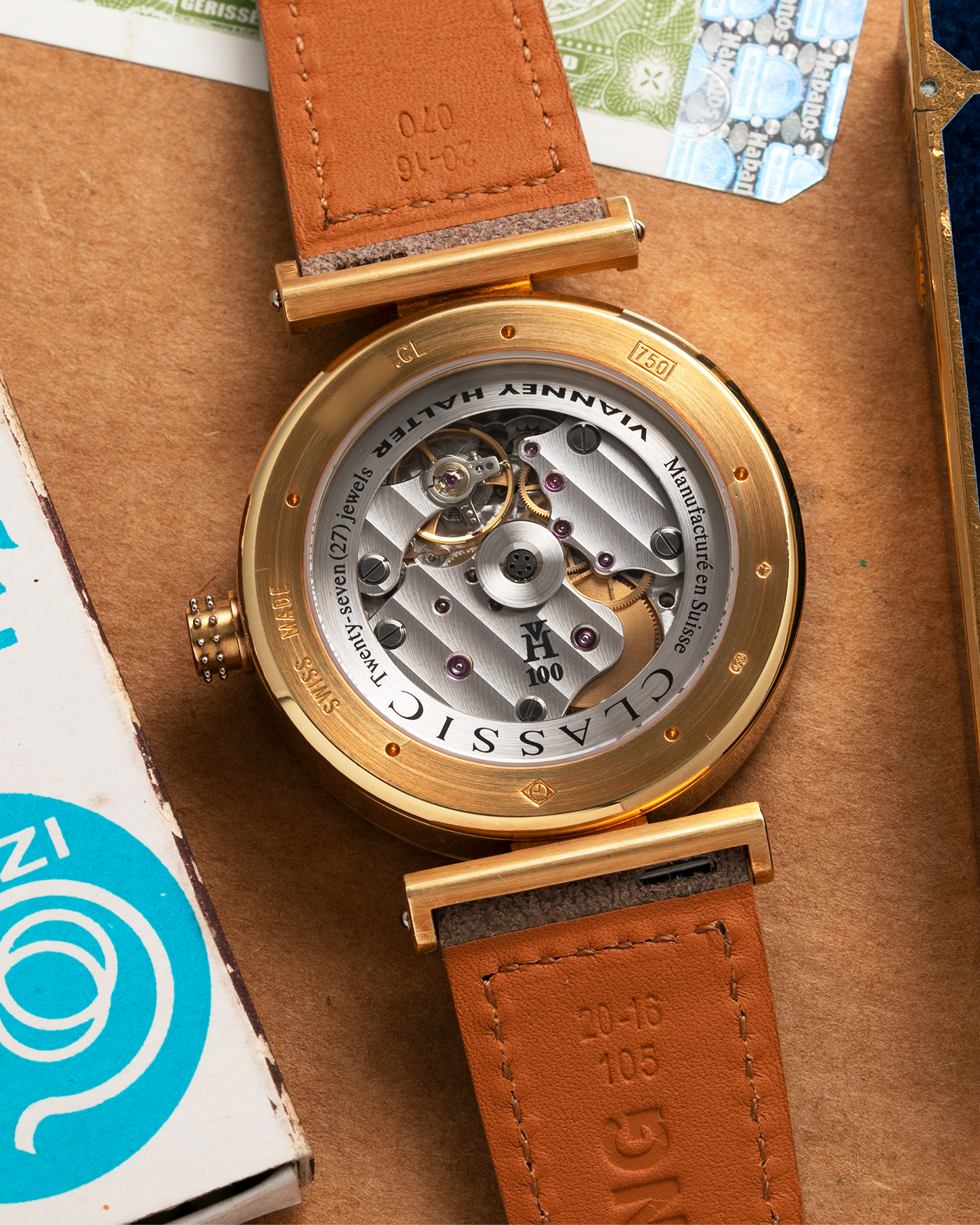 Brand: Vianney Halter Year: 2000’s Model: Classic Material: 18k Yellow Gold Movement: Modified Lemania 8810 with mystery motor Case Diameter: 36mm Bracelet/Strap: Molequin Beige Suede with matching Yellow Gold Buckle