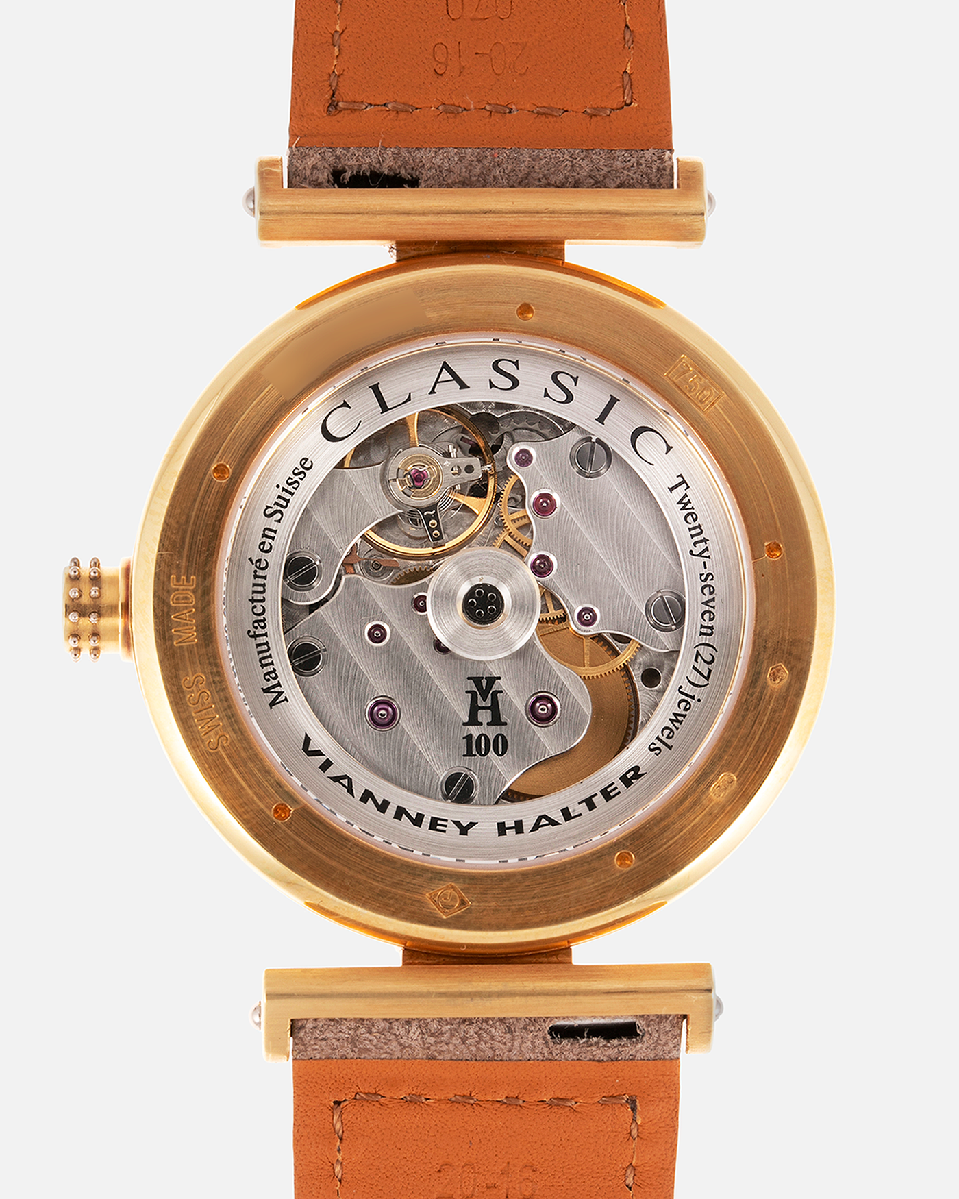 Brand: Vianney Halter Year: 2000’s Model: Classic Material: 18k Yellow Gold Movement: Modified Lemania 8810 with mystery motor Case Diameter: 36mm Bracelet/Strap: Molequin Beige Suede with matching Yellow Gold Buckle