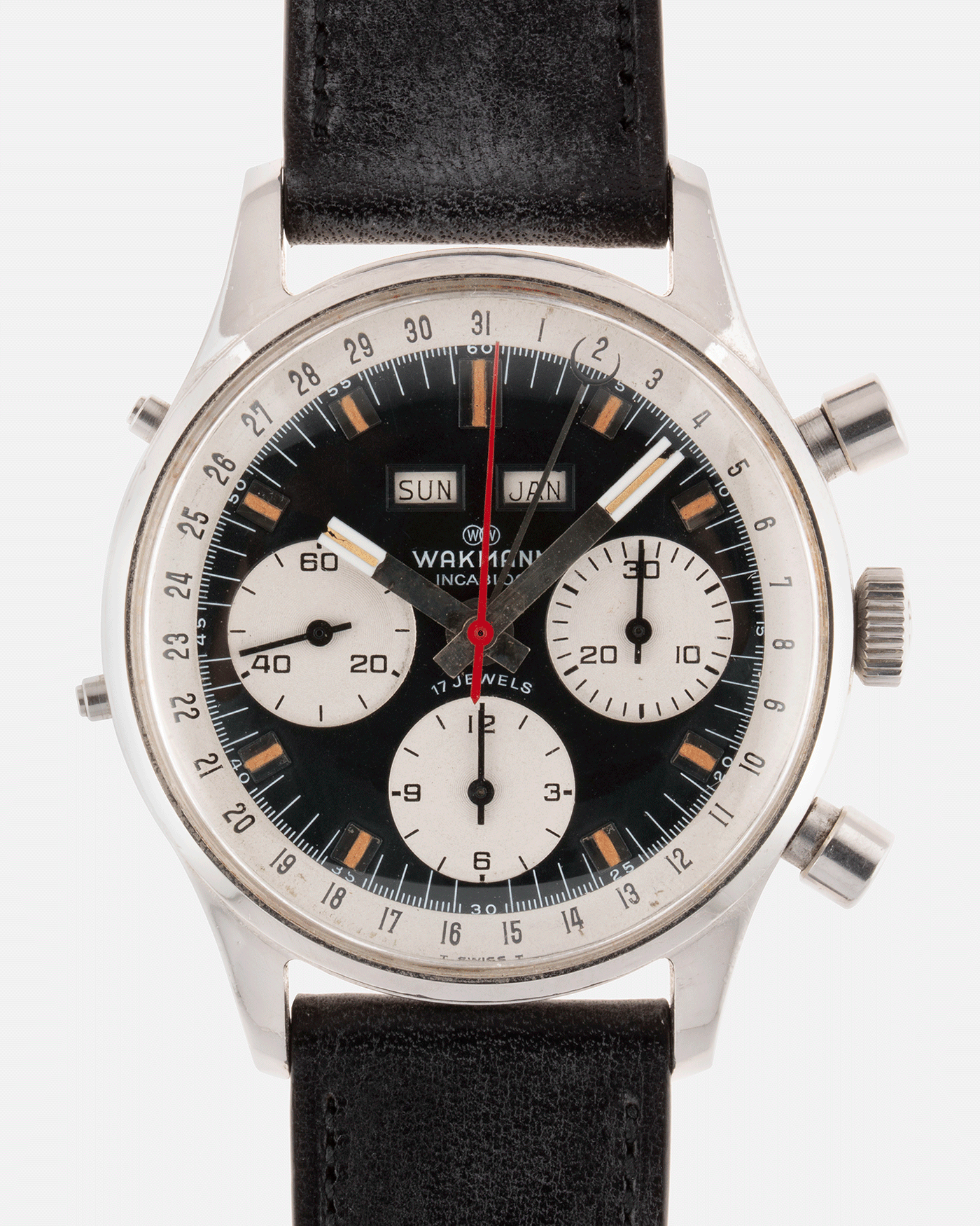 Brand: Wakmann Year: 1970’s Model: Triple Calendar Chronograph Serial Number: 71.1309.70 Material: Stainless Steel Movement: Valjoux 723 Case Diameter: 39mm Lug Width: 20mm Bracelet/Strap: Nostime Black Calf