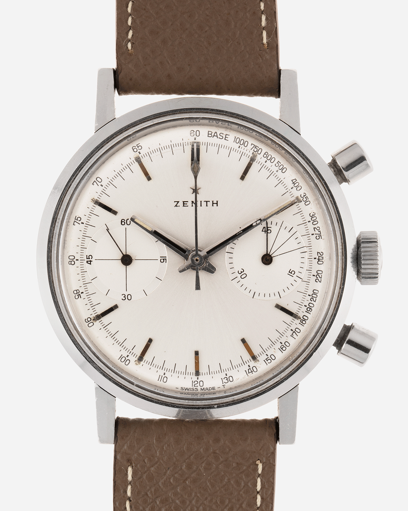 Brand: Zenith Year: 1960’s Model: A271 Reference Number: A271 Material: Stainless Steel Movement: Cal 146DP Case Diameter: 37mm Lug Width: 19mm Strap: Nostime Taupe Grained Calf