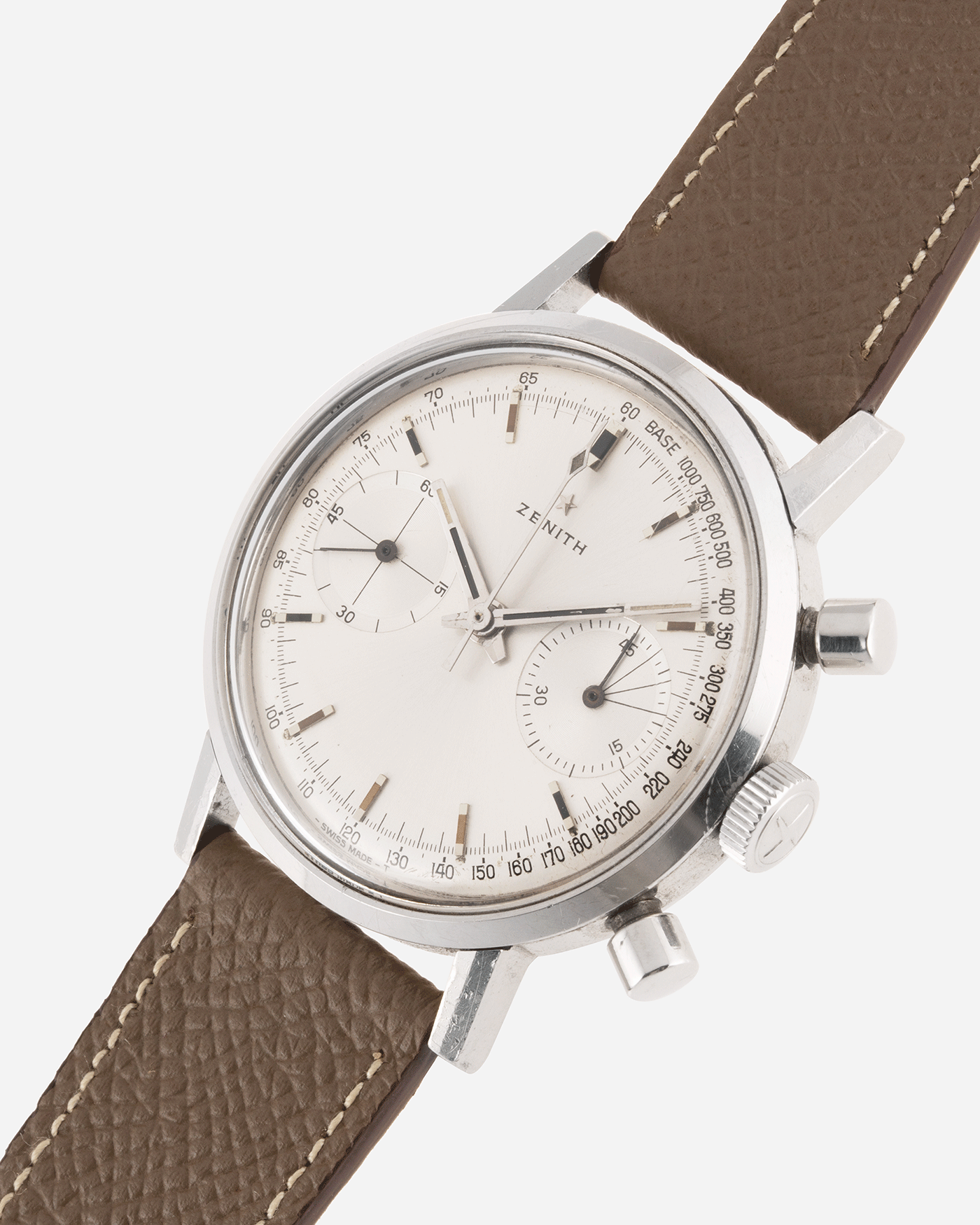 Brand: Zenith Year: 1960’s Model: A271 Reference Number: A271 Material: Stainless Steel Movement: Cal 146DP Case Diameter: 37mm Lug Width: 19mm Strap: Nostime Taupe Grained Calf