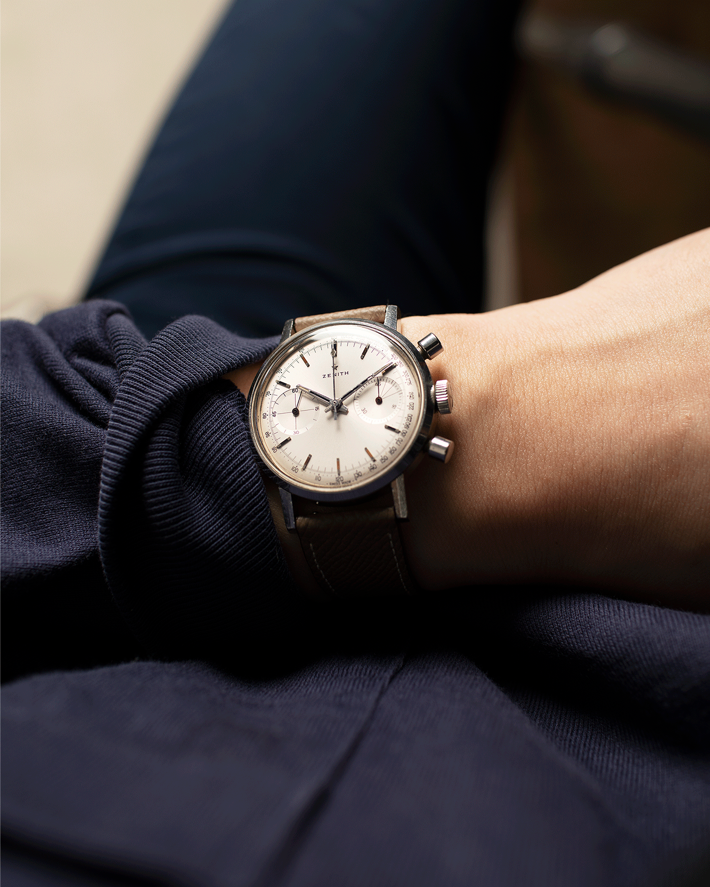 Brand: Zenith Year: 1960’s Model: A271 Reference Number: A271 Material: Stainless Steel Movement: Cal 146DP Case Diameter: 37mm Lug Width: 19mm Strap: Nostime Taupe Grained Calf